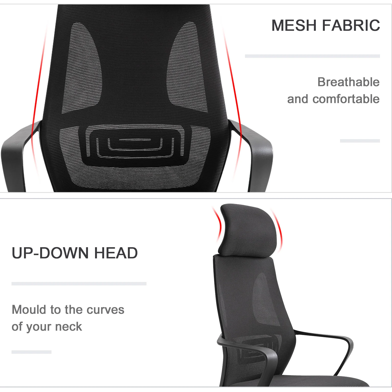 High Back Office Chair, Mesh Computer Desk Chair with Headrest & Lumbar Back Support, Black - Image 7