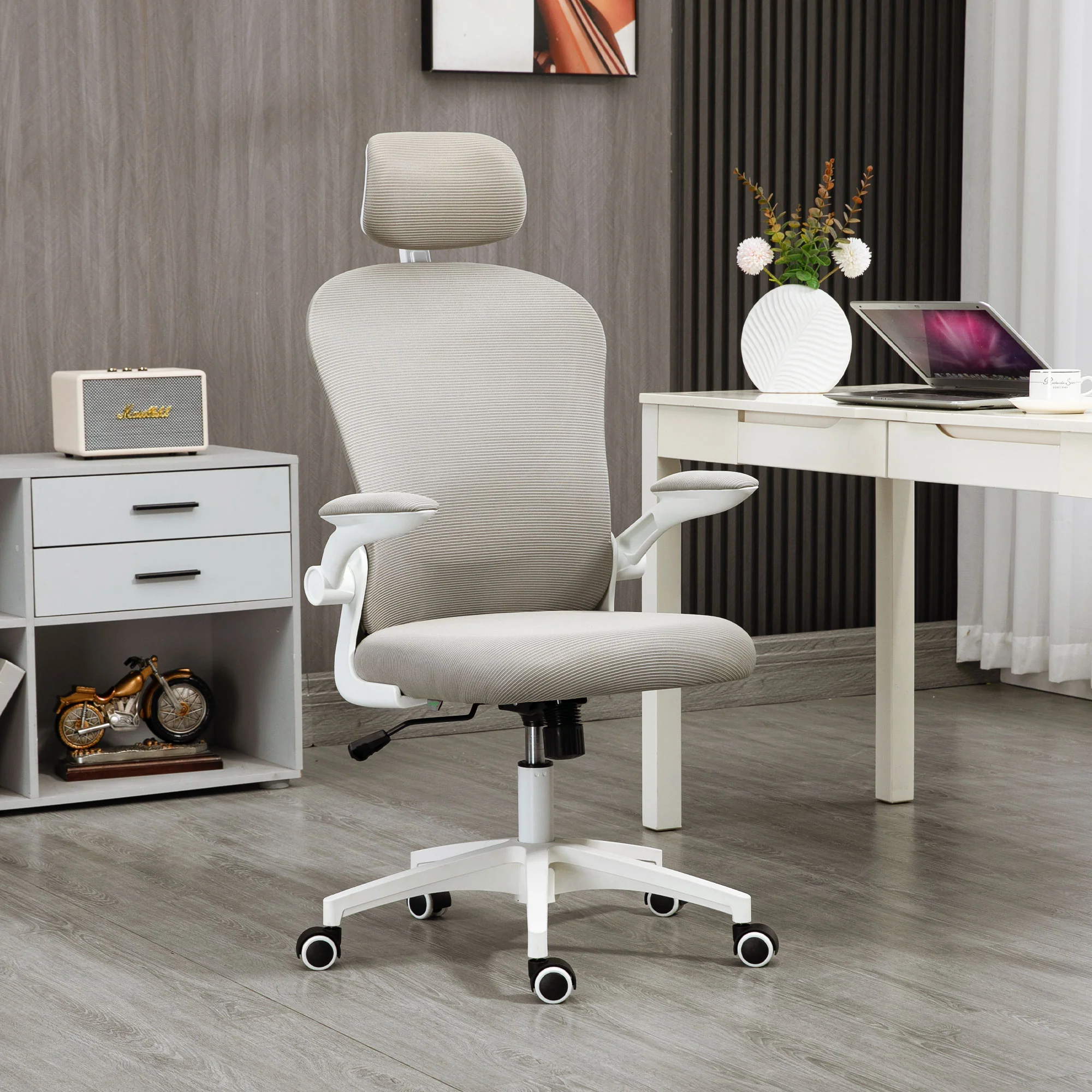 High Back Office Chair, Mesh Computer Desk Chair with 4D Lumbar Support & Flip-up Arm, Grey - Image 4