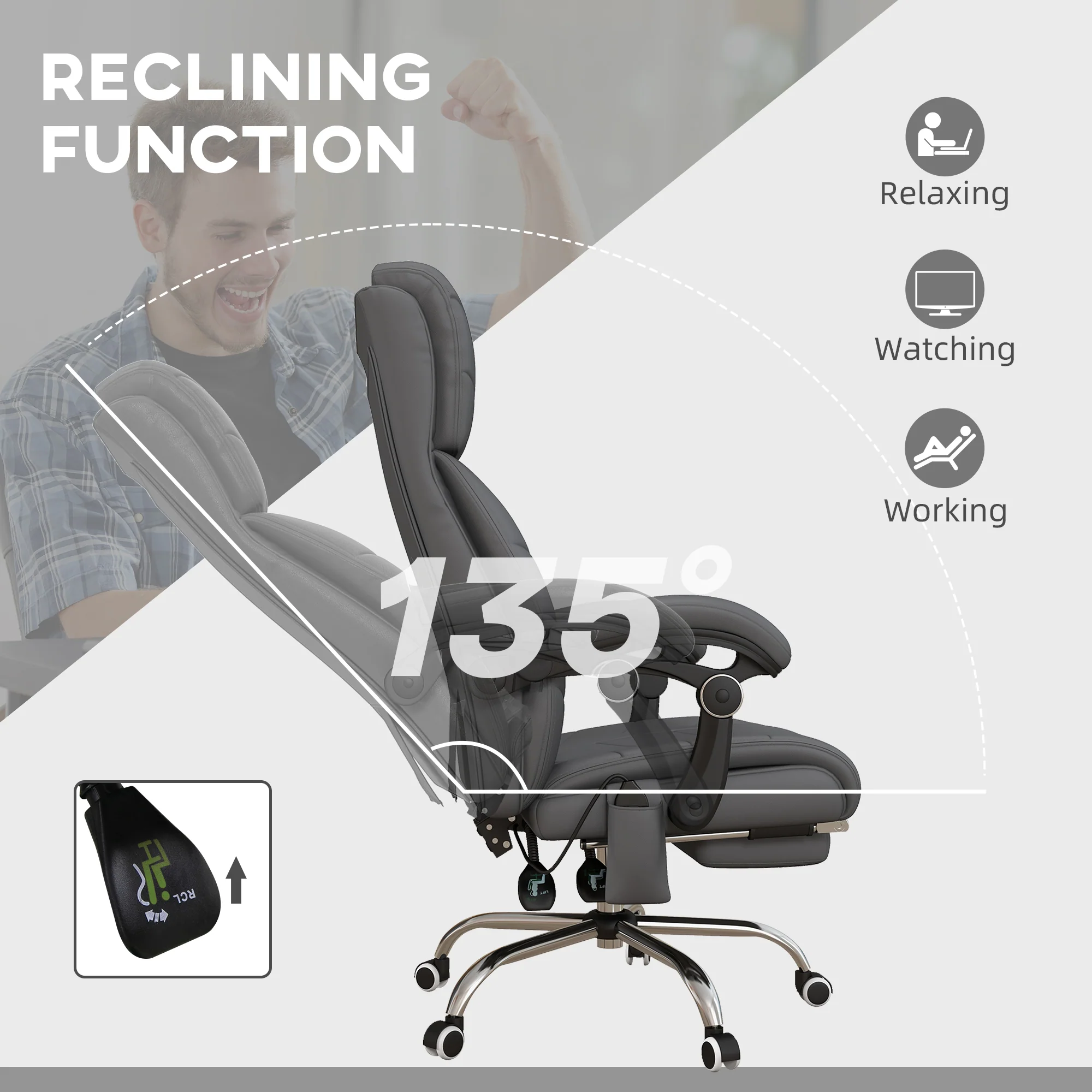 PU Leather Massage Office Chair, Heated Reclining Computer Chair with Footrest, Grey - Image 8