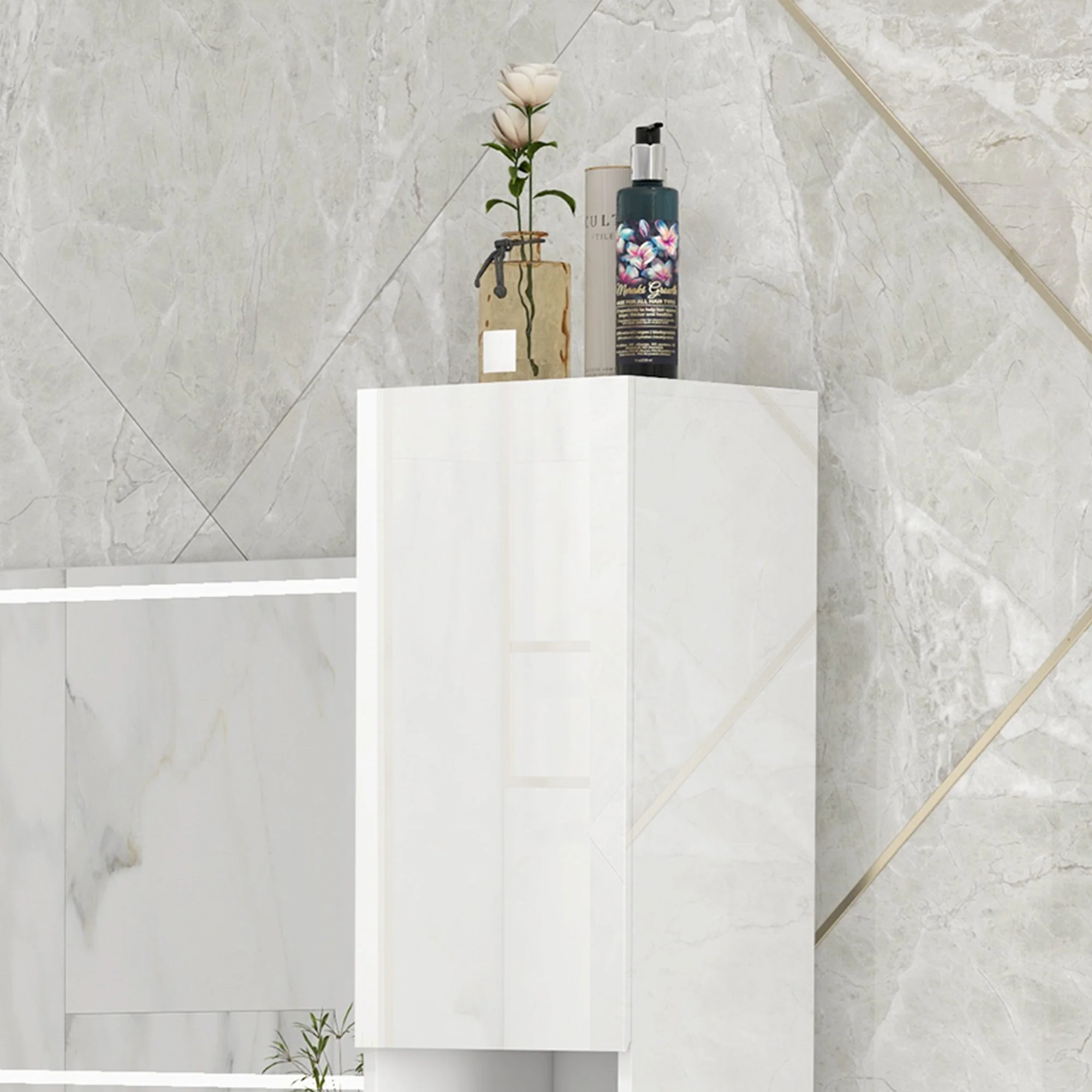 High Gloss Bathroom Cabinet, Freestanding Storage Cupboard with Doors, White - Image 10