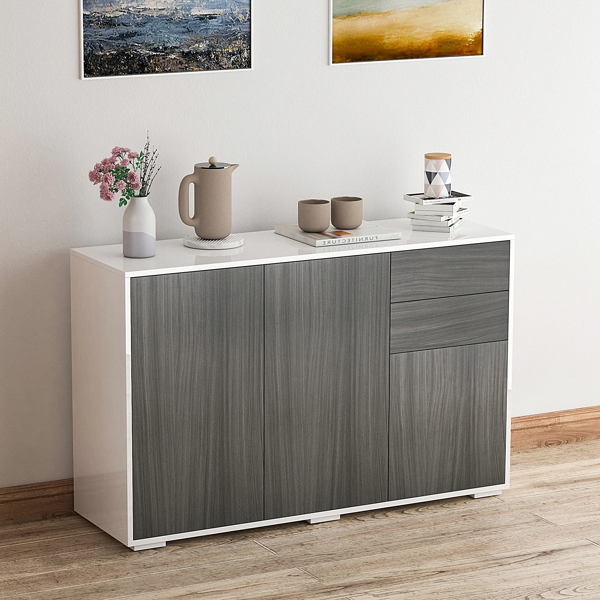 High Gloss Buffet with 2 Drawers 3 Doors & Adjustable Shelf, Grey & White - Image 4