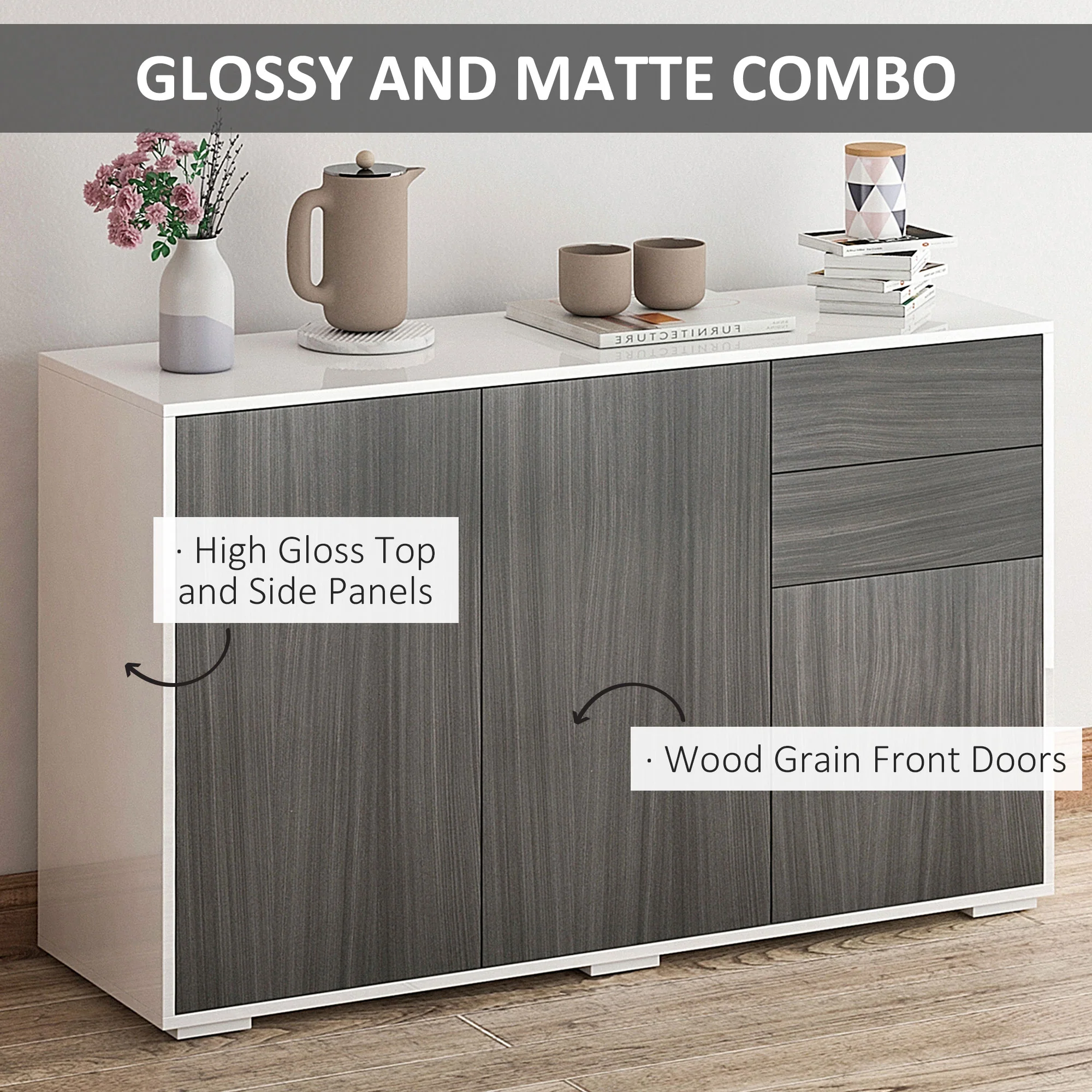 High Gloss Buffet with 2 Drawers 3 Doors & Adjustable Shelf, Grey & White - Image 7