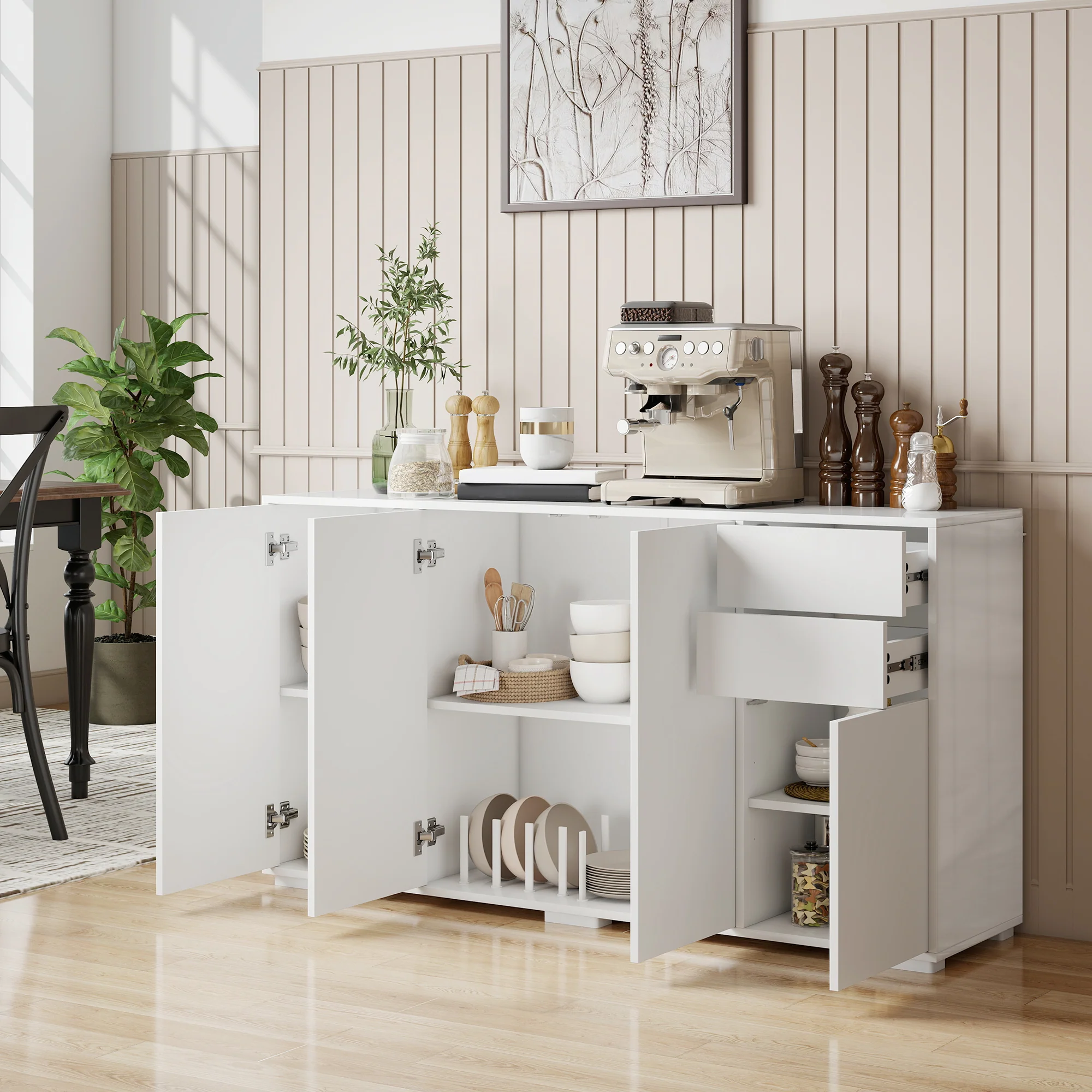 High Gloss Buffet Sideboard with 2 Drawers, 4 Doors and Adjustable Shelf, Kitchen Storage Cabinet with Push Open Design, White - Image 3