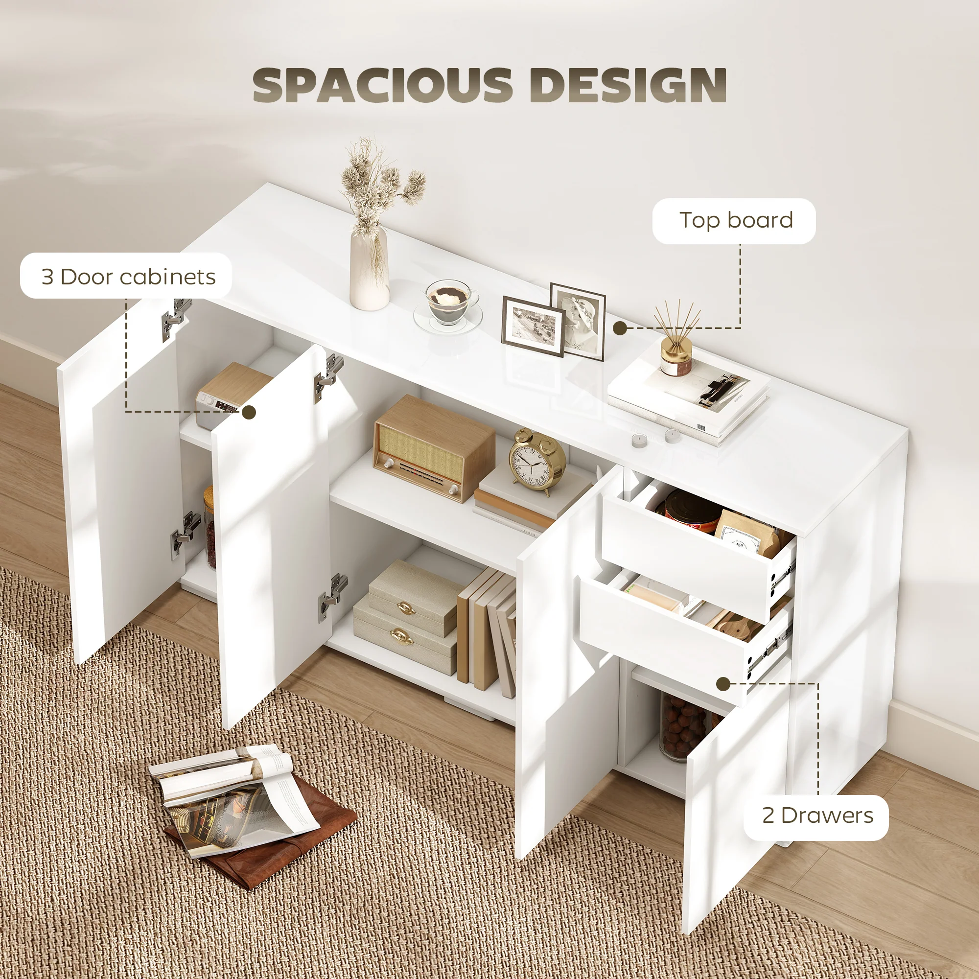 High Gloss Buffet Sideboard with 2 Drawers, 4 Doors and Adjustable Shelf, Kitchen Storage Cabinet with Push Open Design, White - Image 6