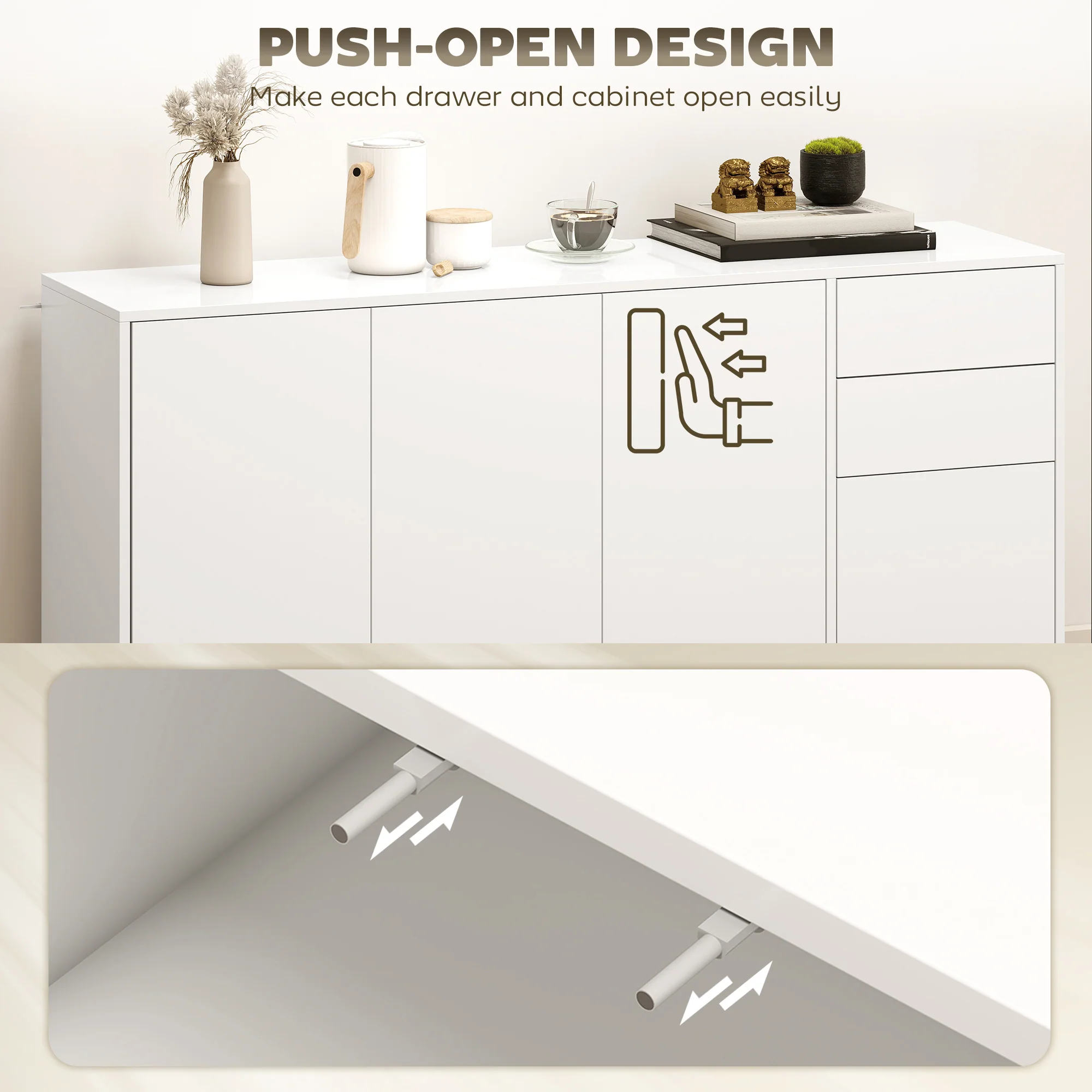 High Gloss Buffet Sideboard with 2 Drawers, 4 Doors and Adjustable Shelf, Kitchen Storage Cabinet with Push Open Design, White - Image 8