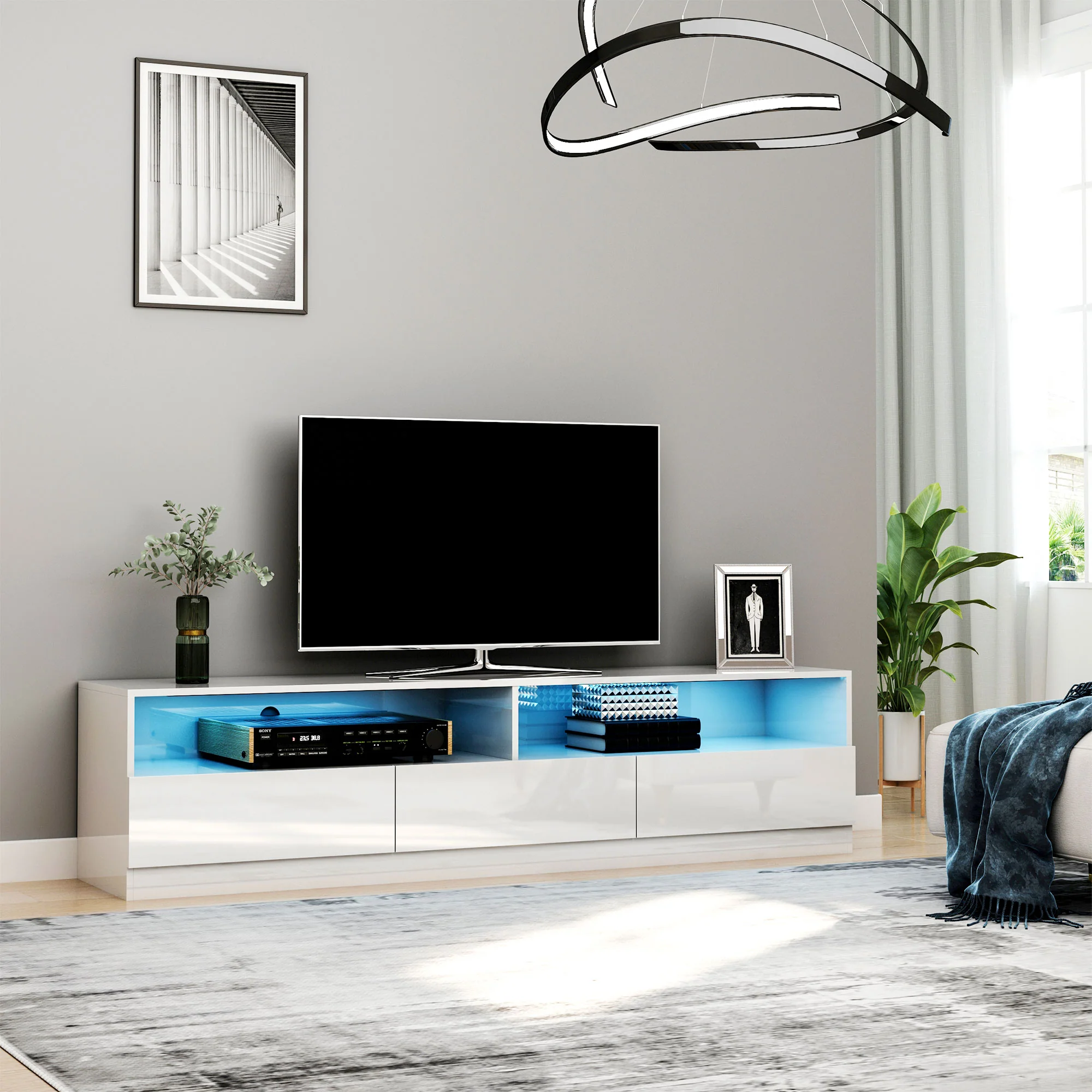 High Gloss LED TV Stand Cabinet for TVs up to 75" with Storage Unit, White - Image 3