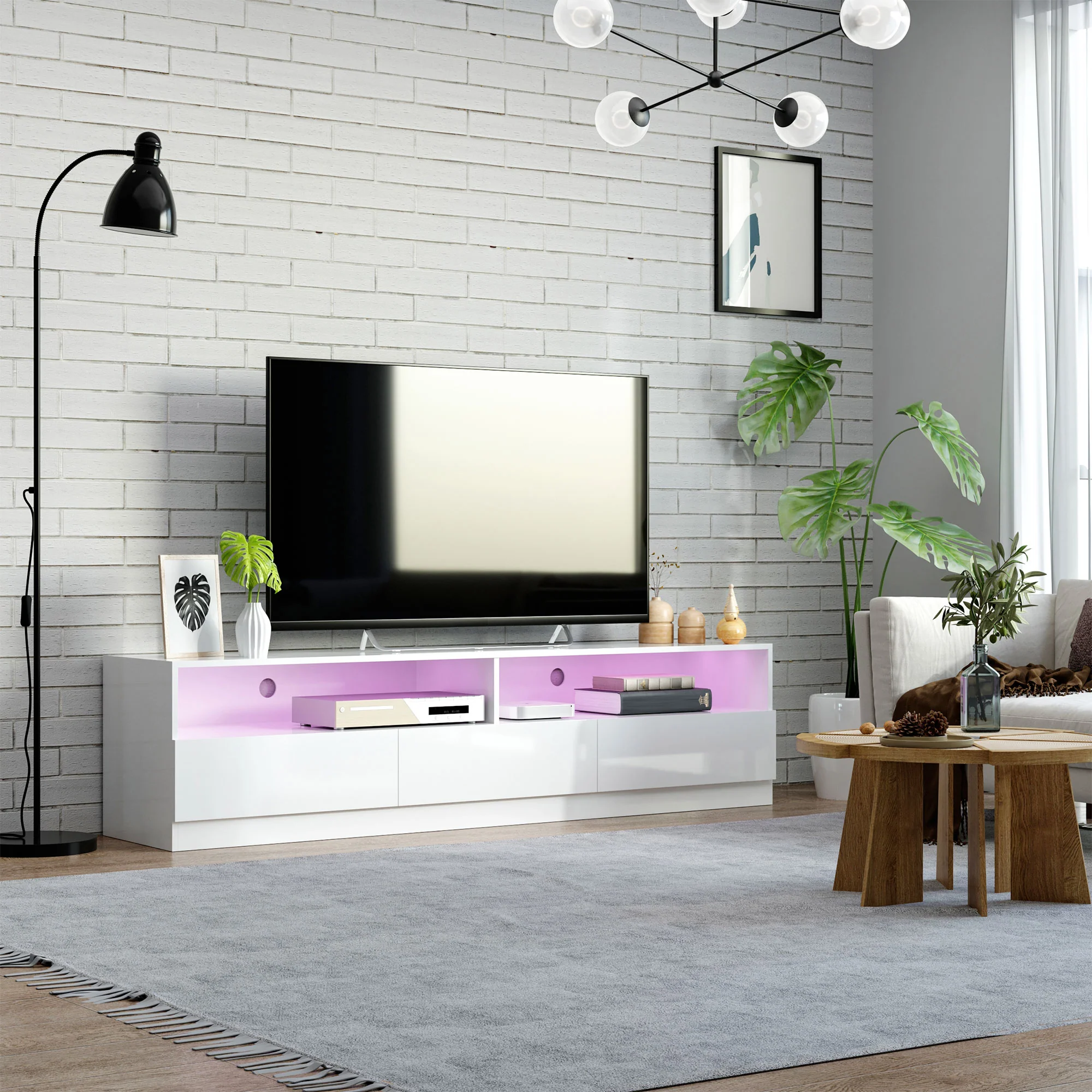 High Gloss LED TV Stand Cabinet for TVs up to 75" with Storage Unit, White - Image 4