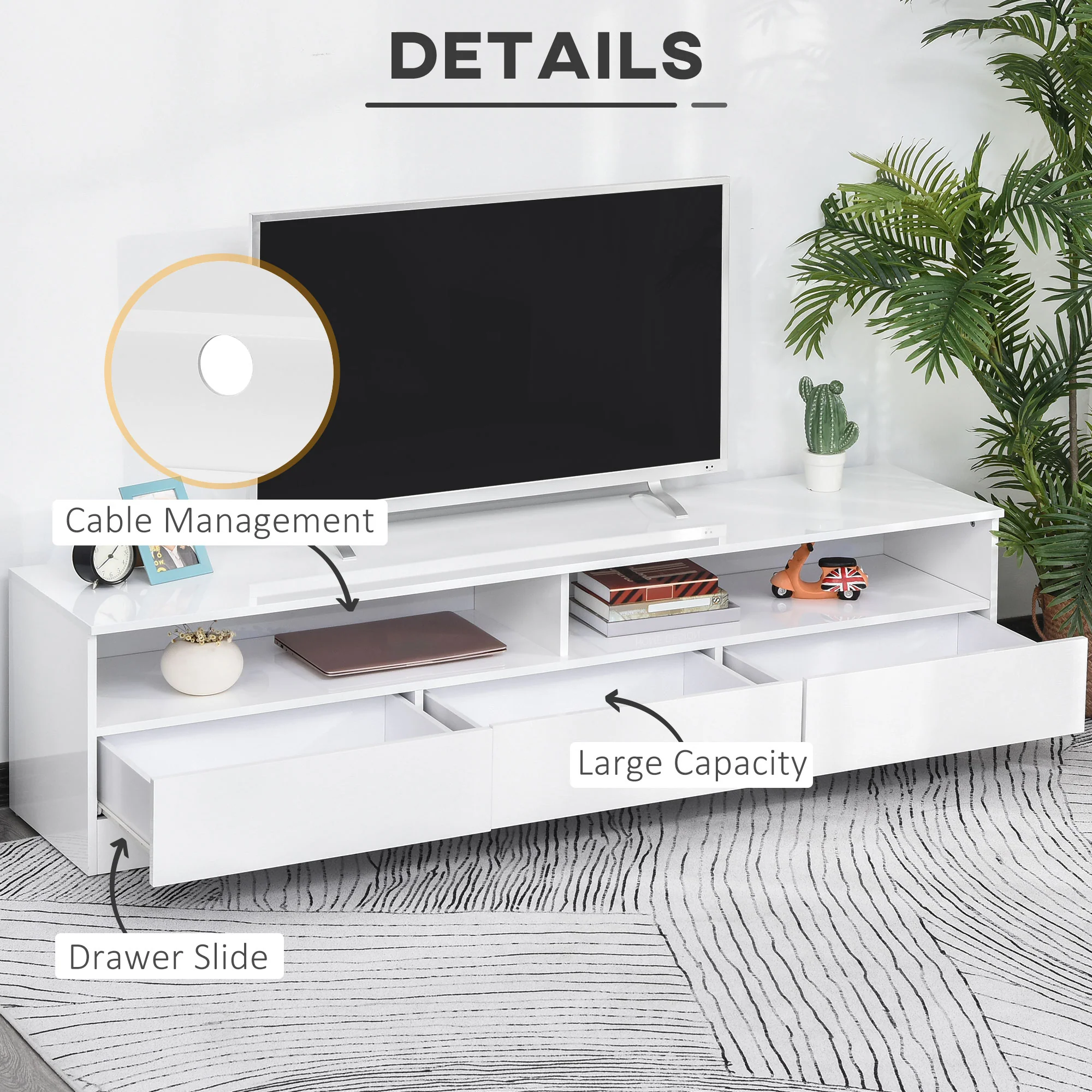High Gloss LED TV Stand Cabinet for TVs up to 75" with Storage Unit, White - Image 9