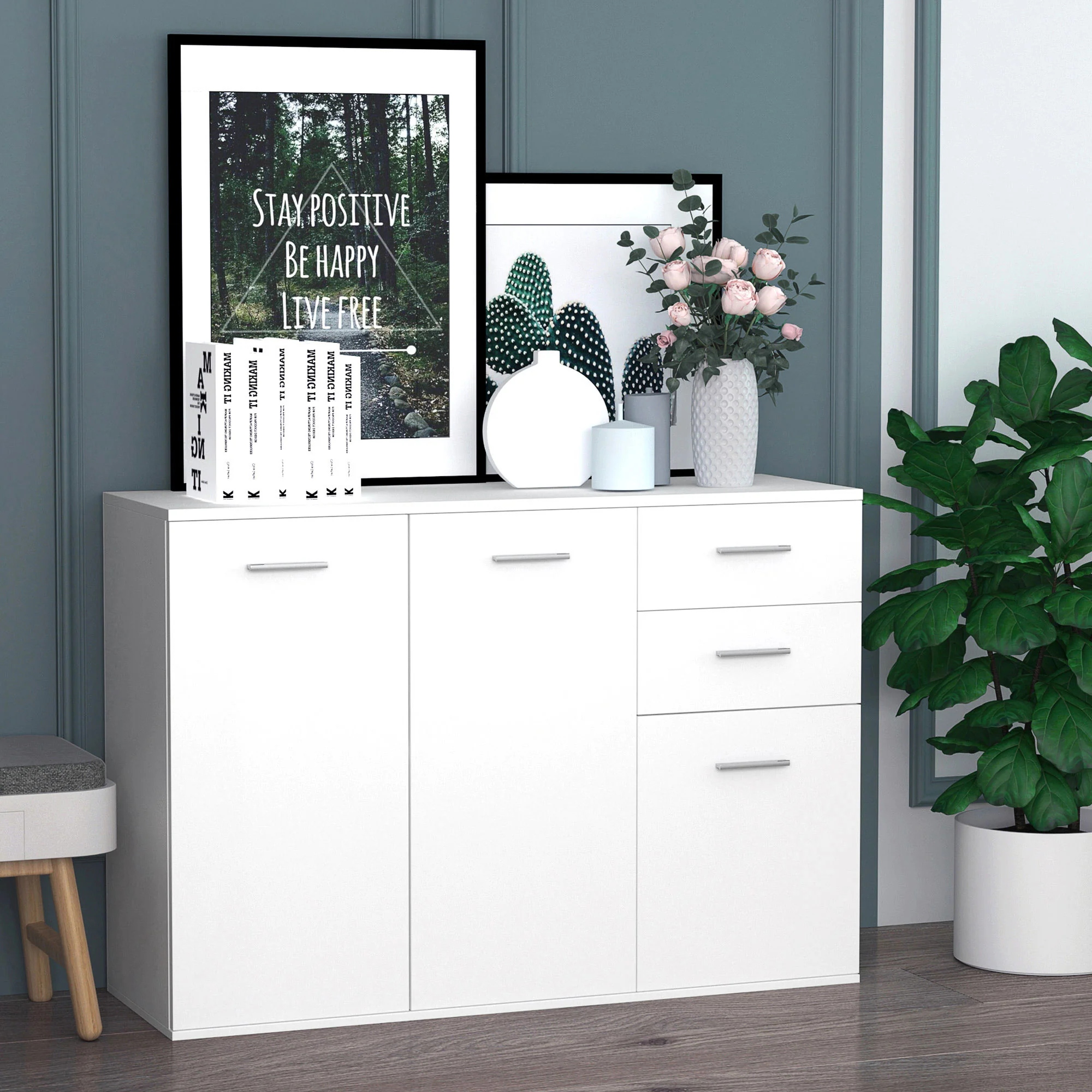 High Gloss Sideboard with 2 Drawers 3 Doors & Adjustable Shelf White - Image 3