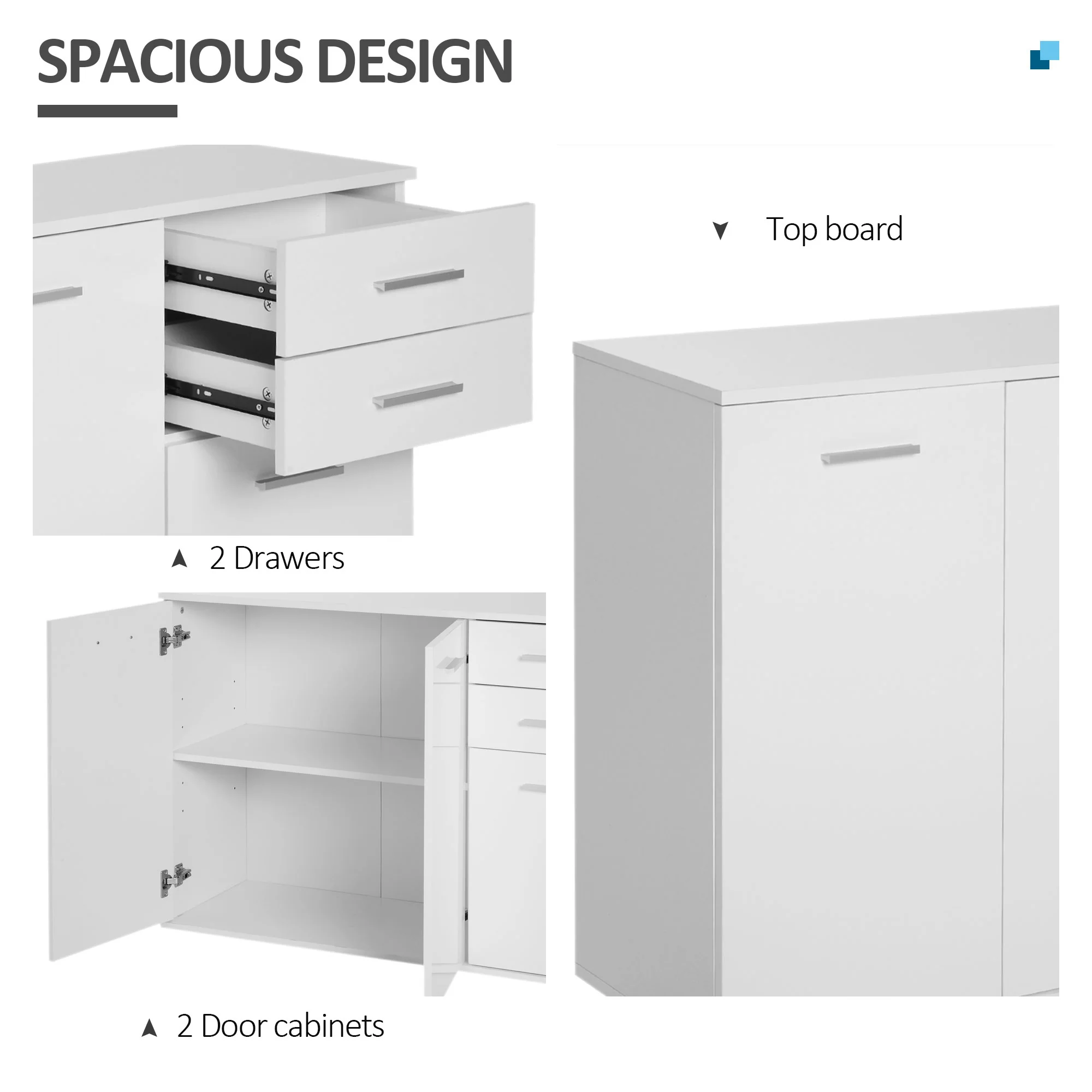 High Gloss Sideboard with 2 Drawers 3 Doors & Adjustable Shelf White - Image 6