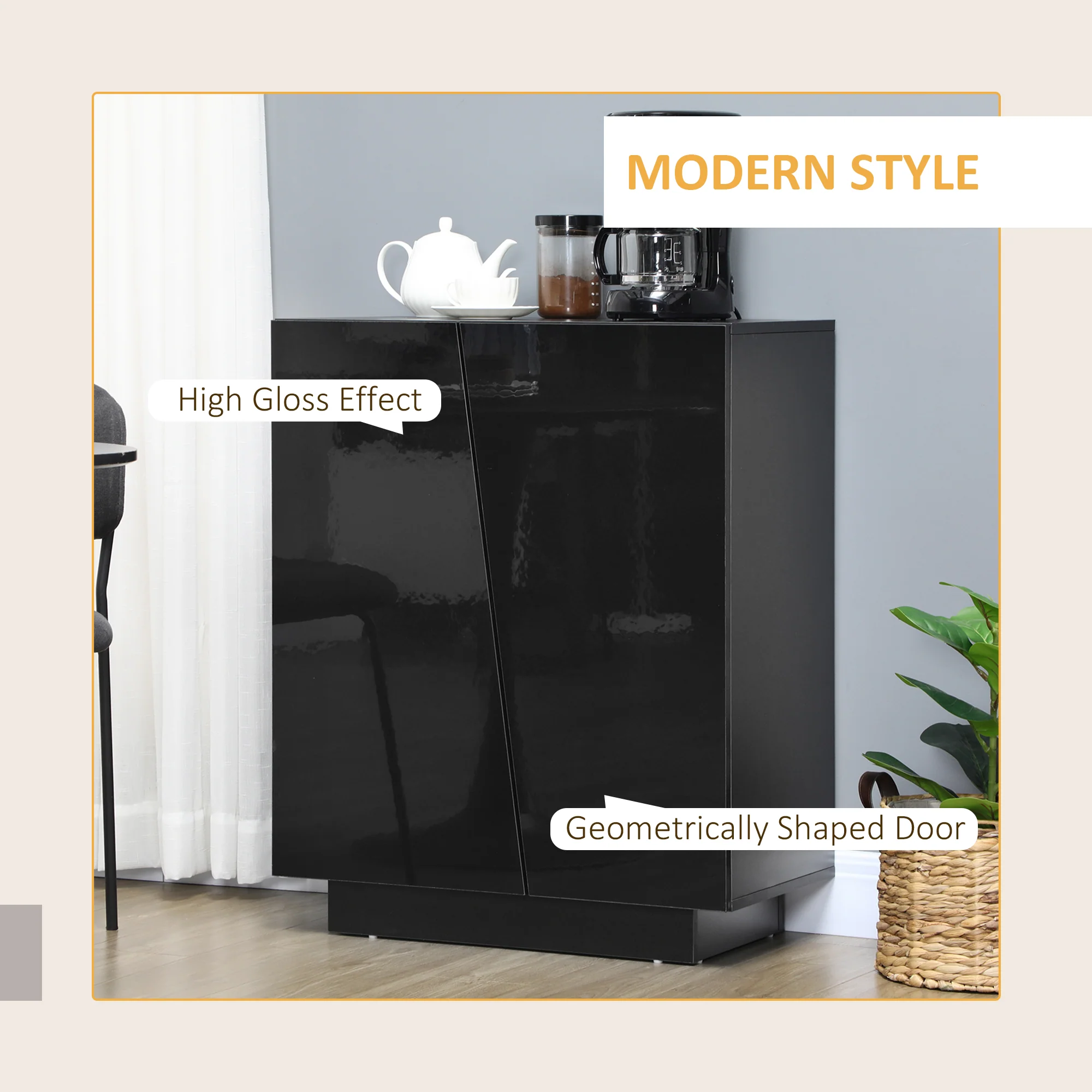High Gloss Storage Cabinet, Freestanding Storage Cupboard with Adjustable Shelves, Black - Image 6