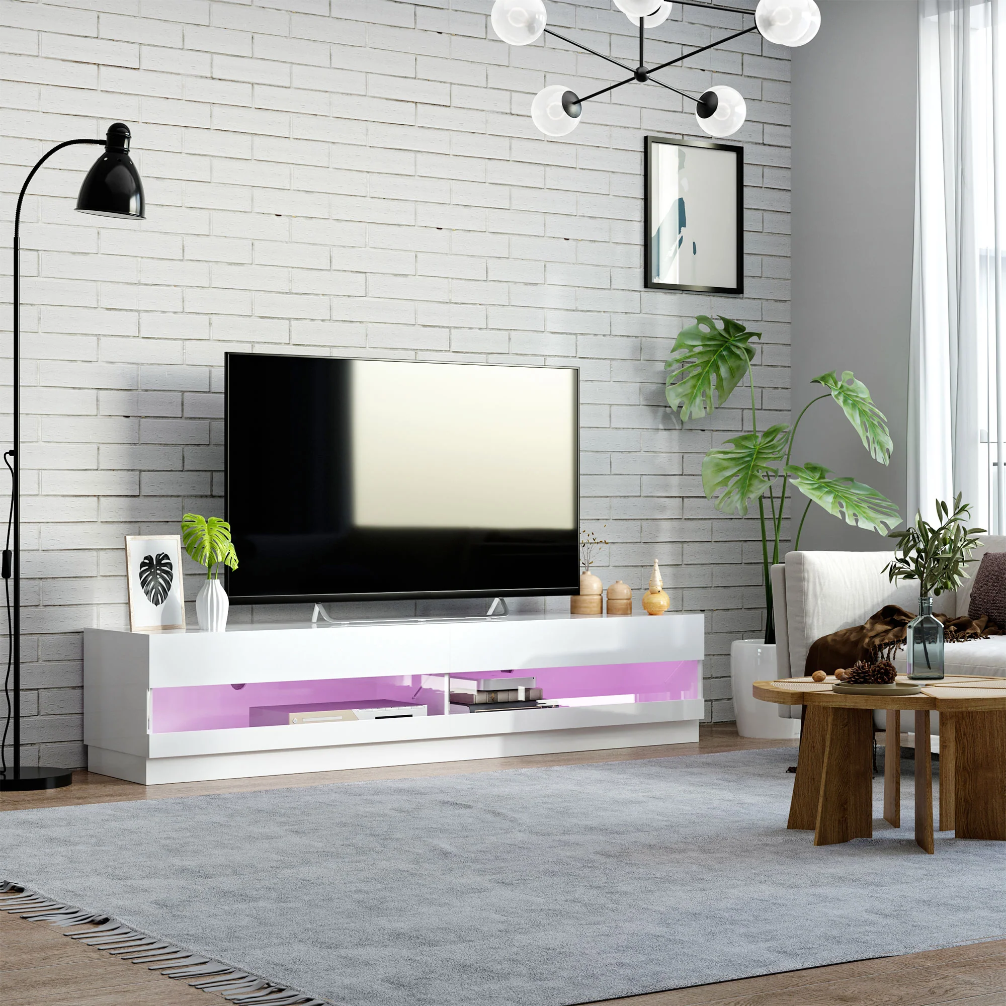 High Gloss TV Stand for TVs up to 75" with LED Light and Storage White - Image 4