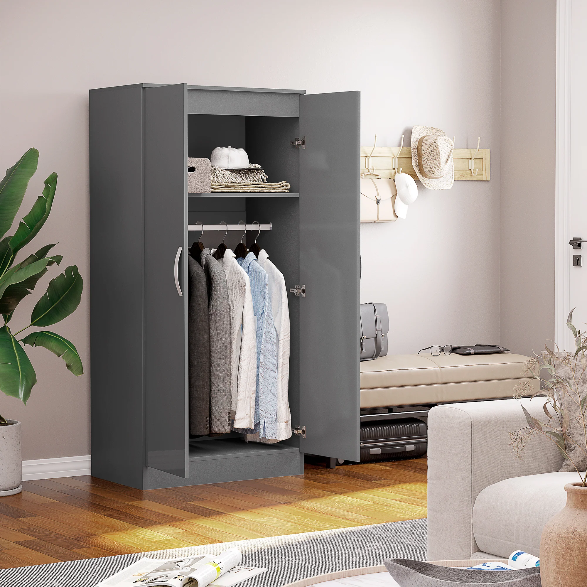 2 Door Wardrobe with Hanging Rod and Storage Shelf for Bedroom, High Gloss Grey - Image 4