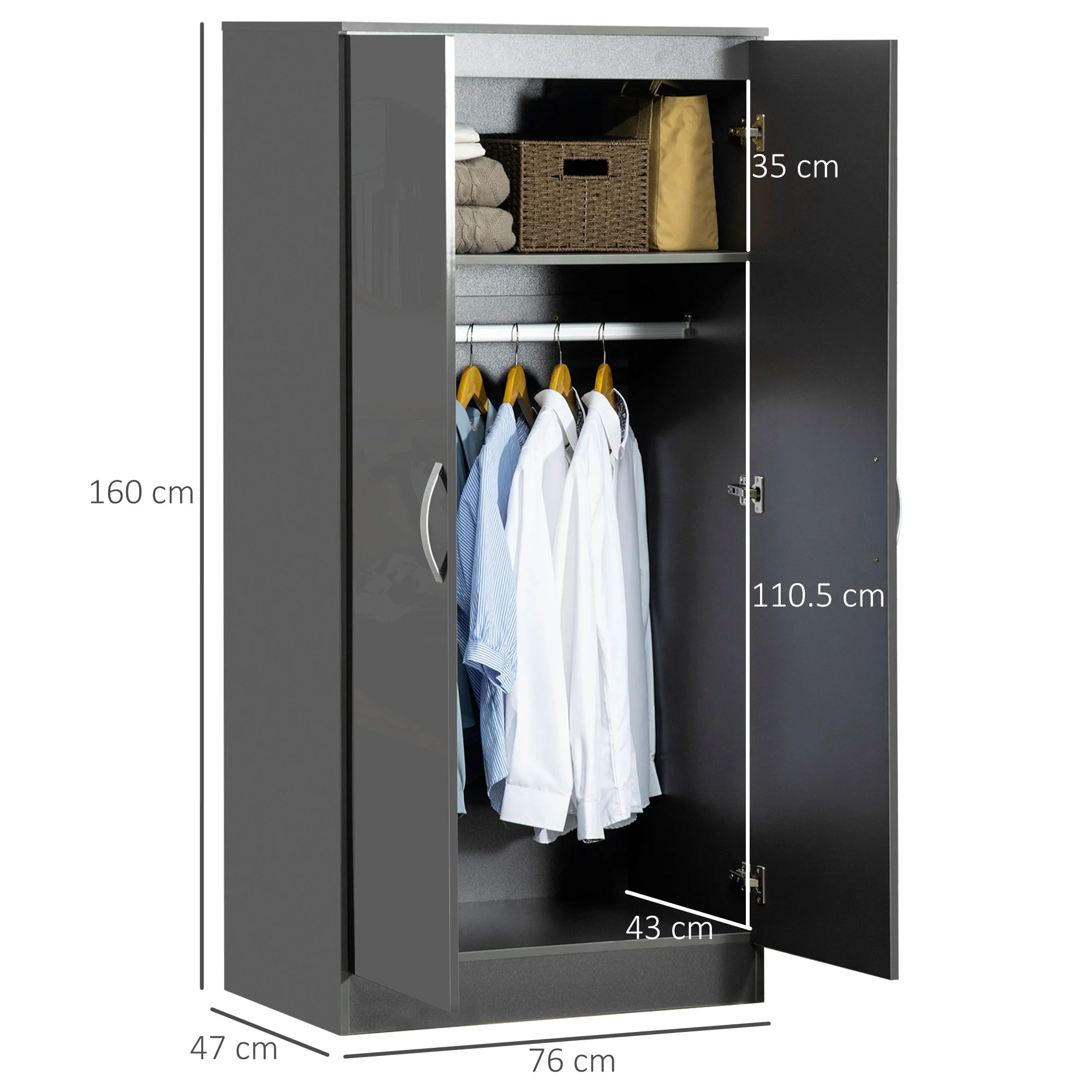 2 Door Wardrobe with Hanging Rod and Storage Shelf for Bedroom, High Gloss Grey - Image 5