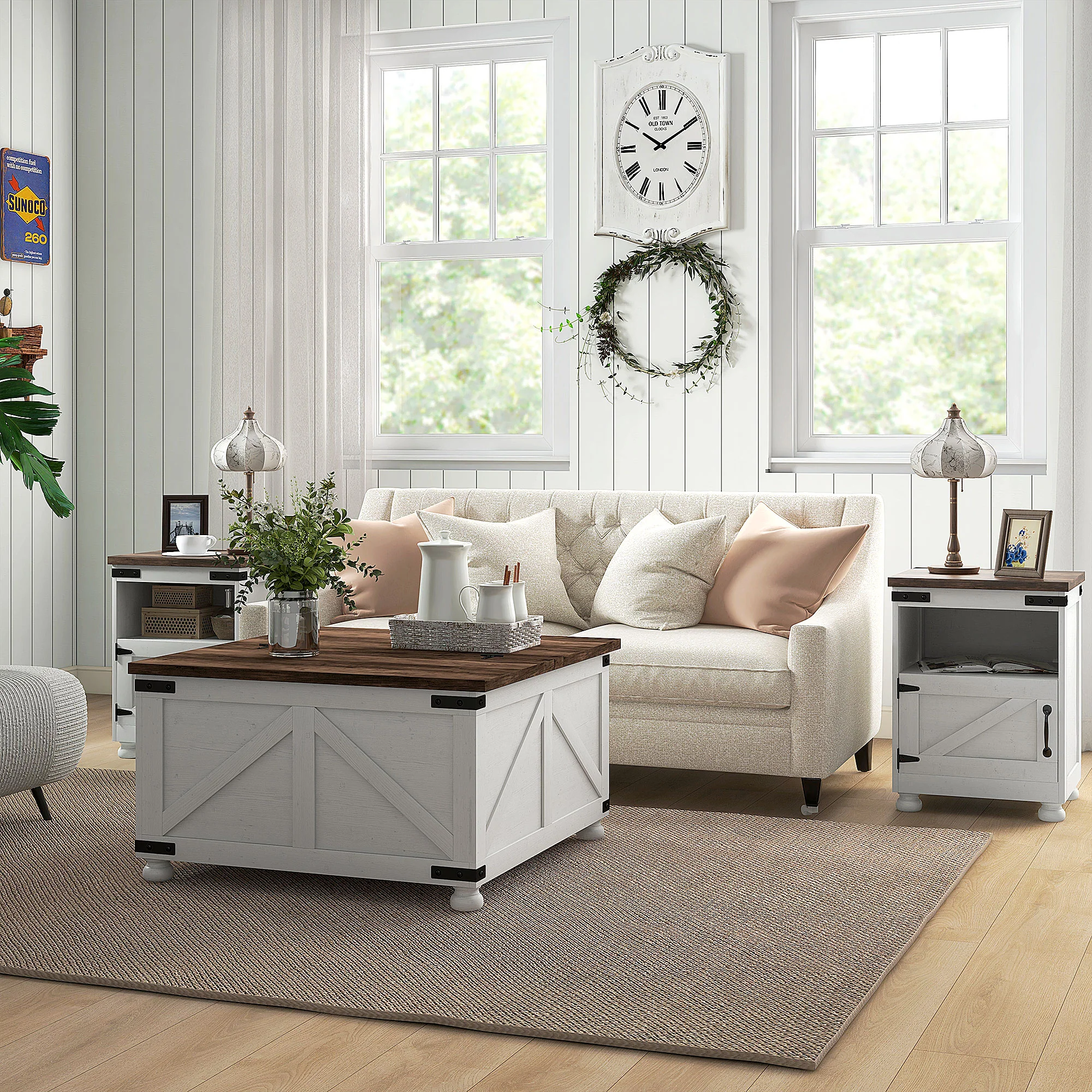 32" Farmhouse Lift Top Coffee Table with Hidden Storage & Pine Legs Antique, White - Image 3