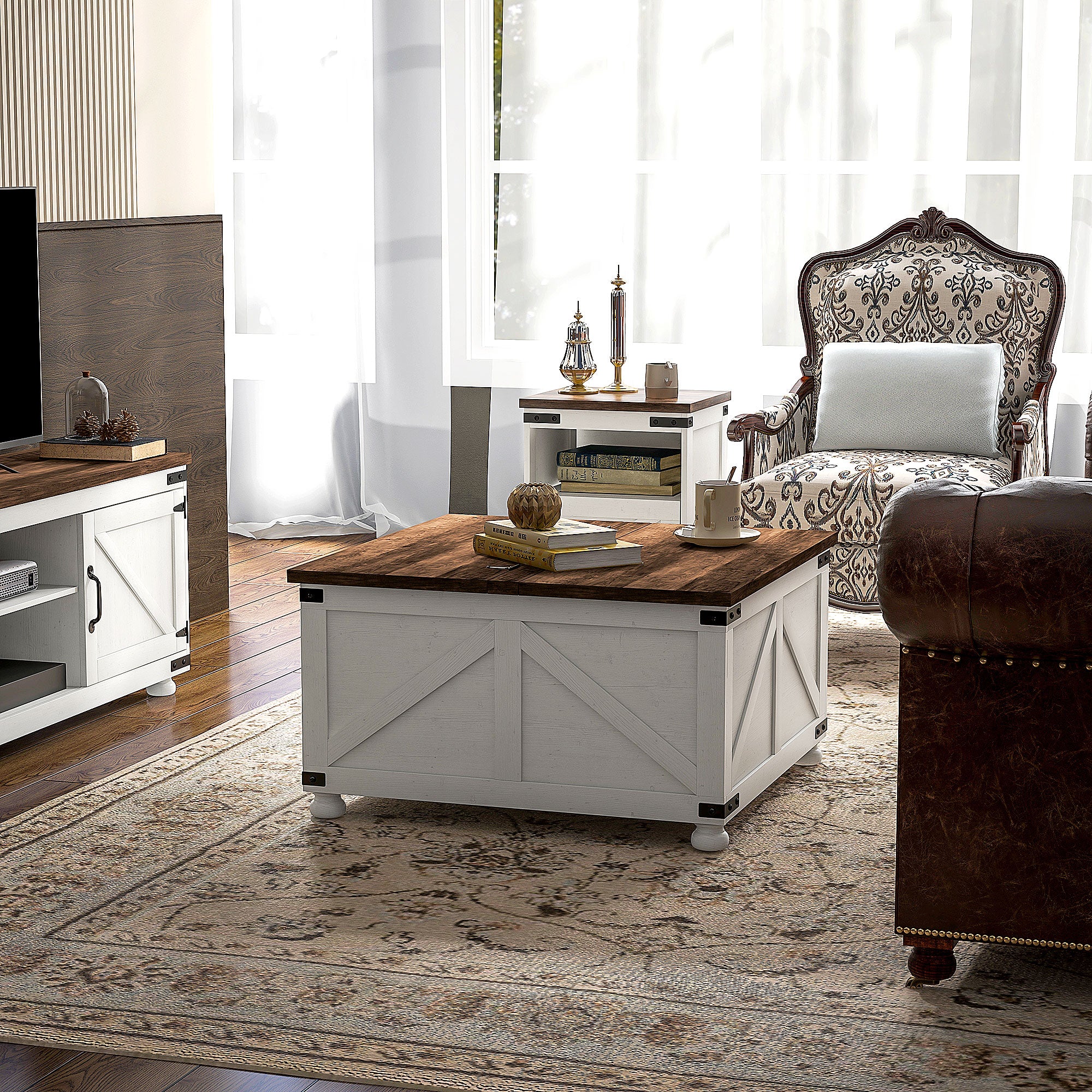 32" Farmhouse Lift Top Coffee Table with Hidden Storage & Pine Legs Antique, White - Image 4