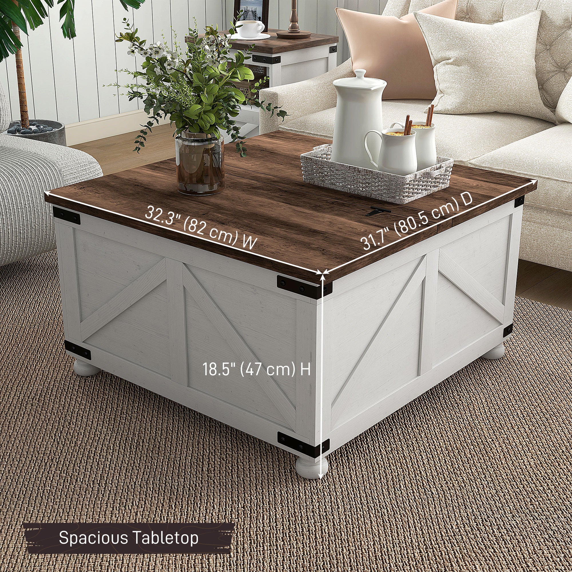 32" Farmhouse Lift Top Coffee Table with Hidden Storage & Pine Legs Antique, White - Image 5