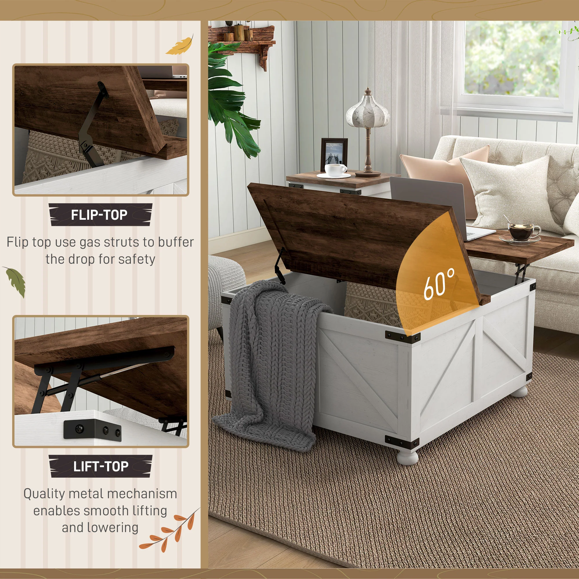 32" Farmhouse Lift Top Coffee Table with Hidden Storage & Pine Legs Antique, White - Image 6