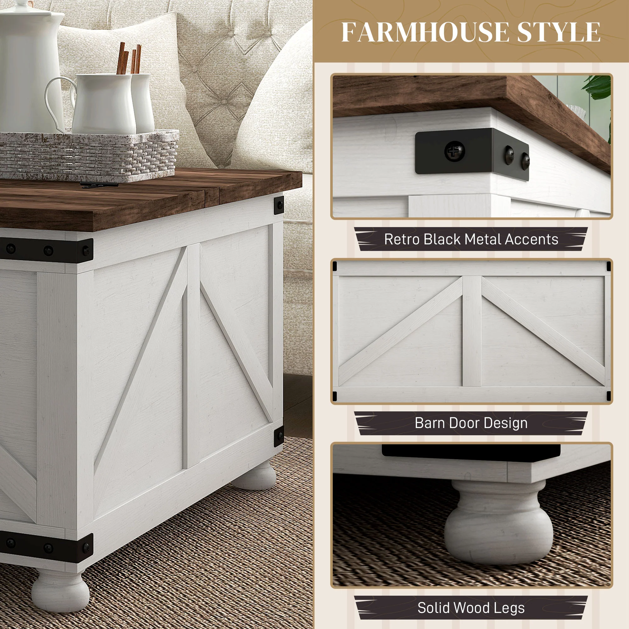 32" Farmhouse Lift Top Coffee Table with Hidden Storage & Pine Legs Antique, White - Image 8