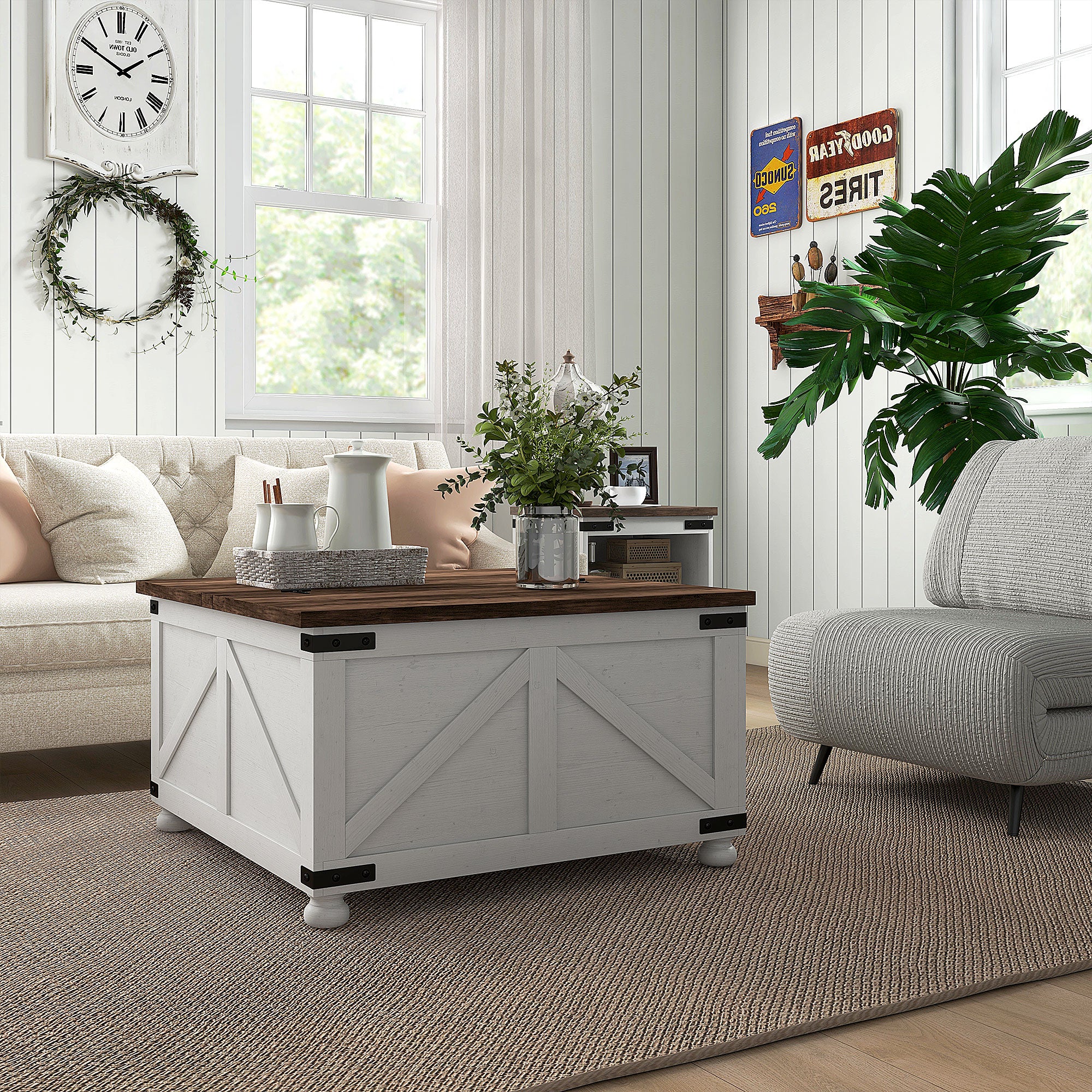 32" Farmhouse Lift Top Coffee Table with Hidden Storage & Pine Legs Antique, White - Image 9
