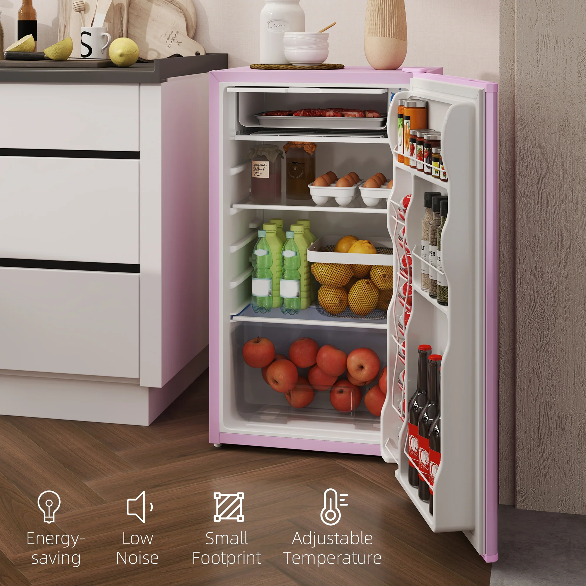 3.2 Cu.Ft Mini Fridge with Freezer, Adjustable Thermostat, Shelf & Reversible Door, Pink - Image 10