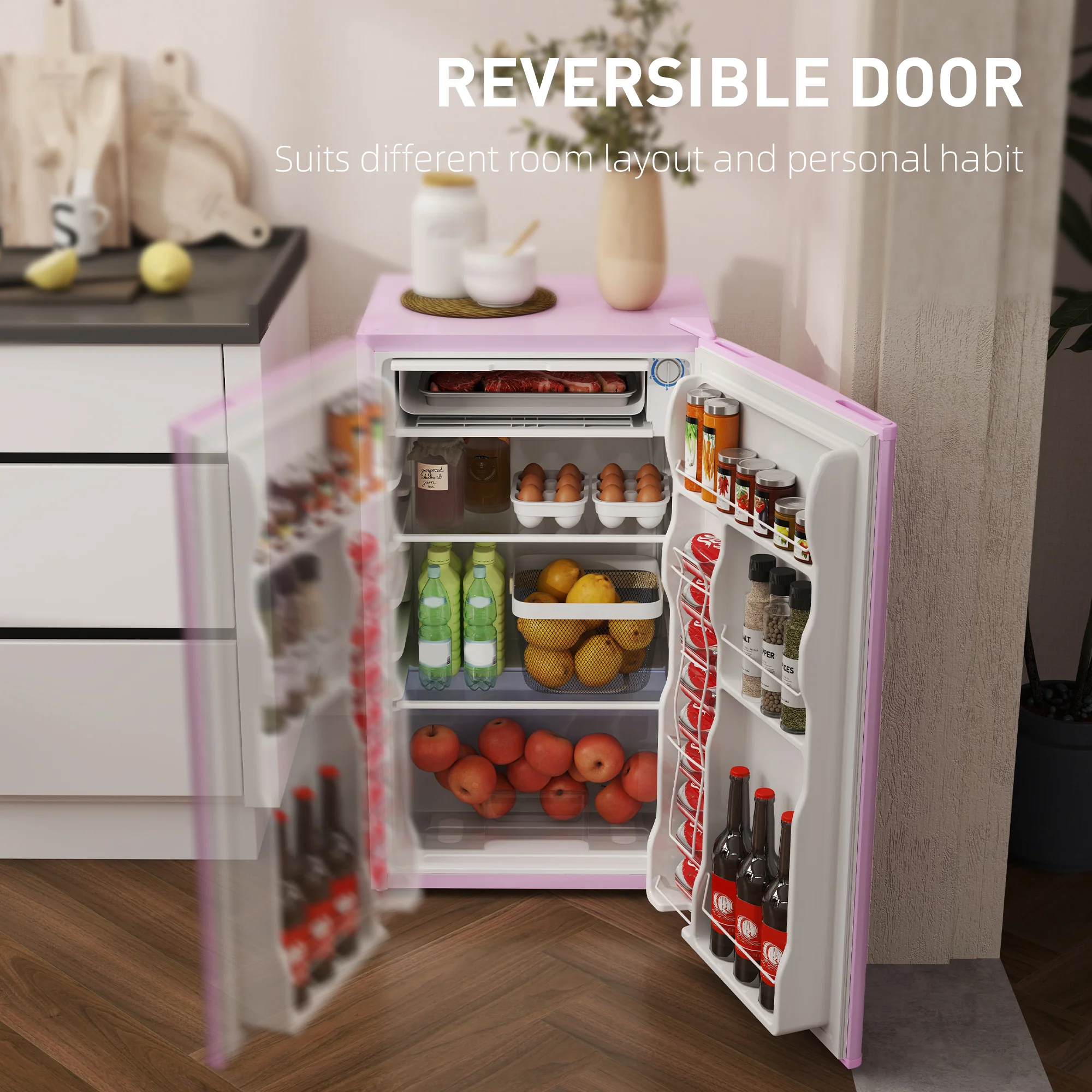 3.2 Cu.Ft Mini Fridge with Freezer, Adjustable Thermostat, Shelf & Reversible Door, Pink - Image 9
