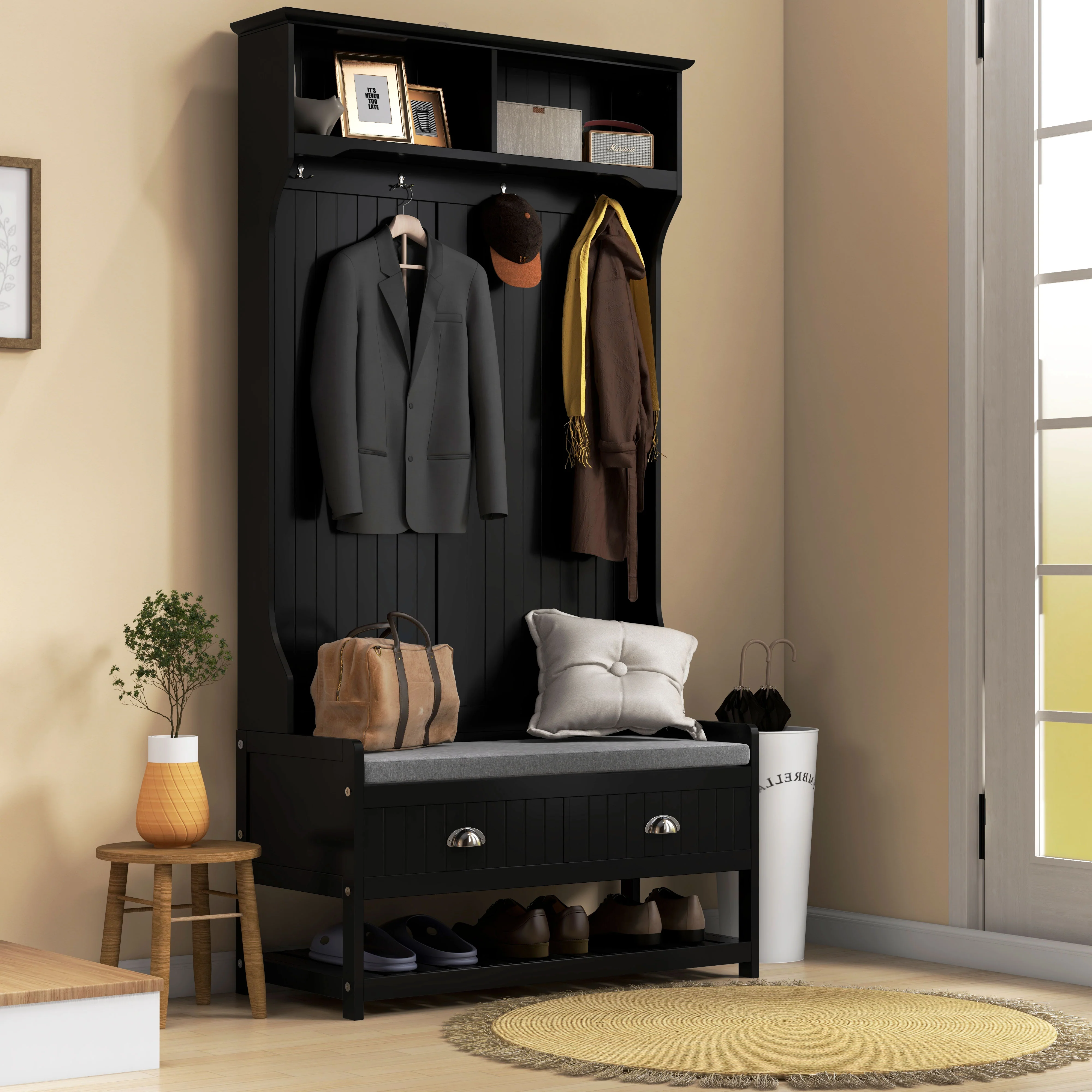 3-in-1 Hall Tree, Entryway Bench w/ Coat Rack, 2 Drawers, 4 Hooks & Padded Seat, Black - Image 3