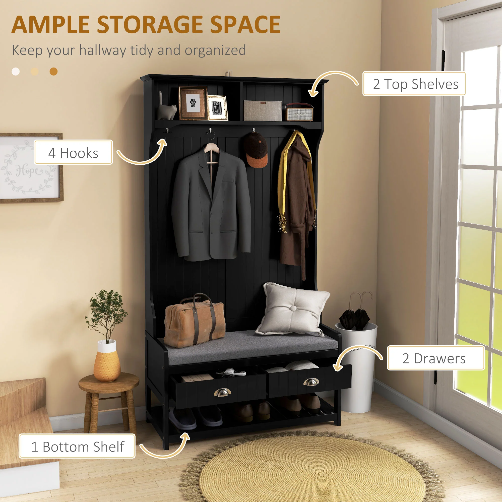 3-in-1 Hall Tree, Entryway Bench w/ Coat Rack, 2 Drawers, 4 Hooks & Padded Seat, Black - Image 5