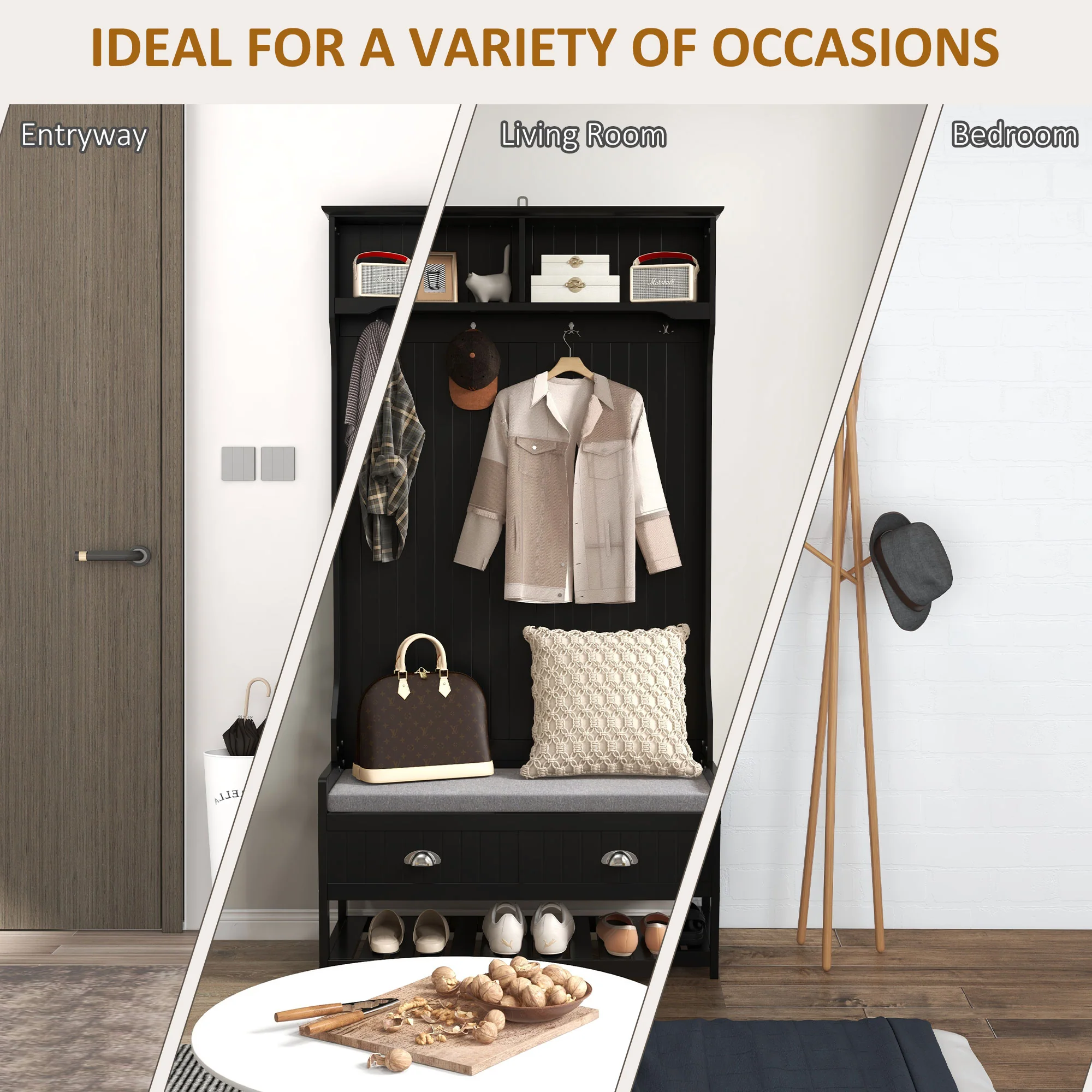 3-in-1 Hall Tree, Entryway Bench w/ Coat Rack, 2 Drawers, 4 Hooks & Padded Seat, Black - Image 7