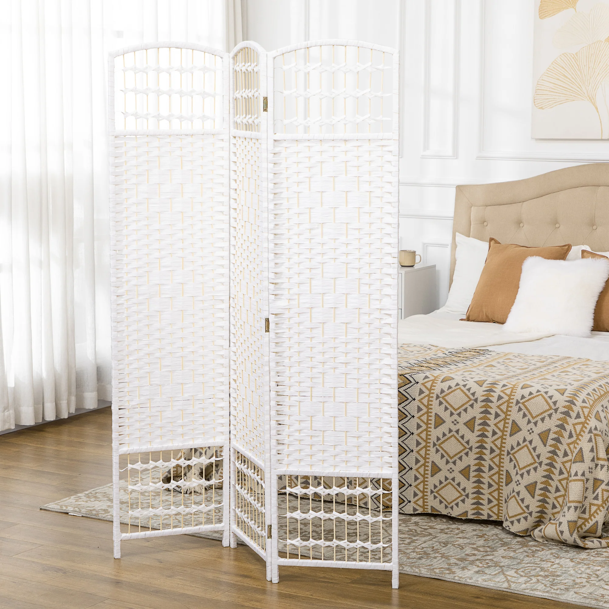 3 Panel Folding Room Divider, Portable Privacy Screen, Wave Fiber, White - Image 3