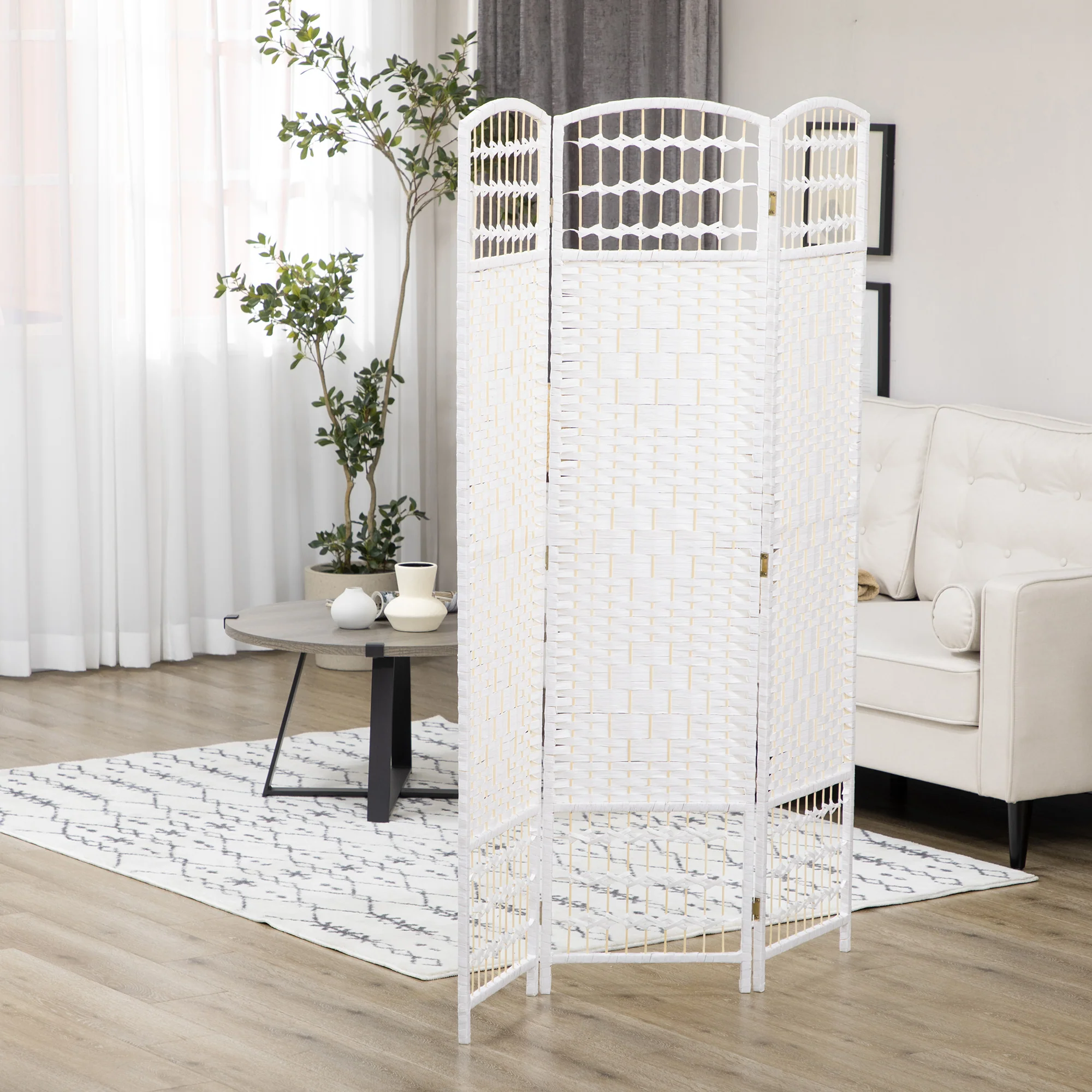 3 Panel Folding Room Divider, Portable Privacy Screen, Wave Fiber, White - Image 4