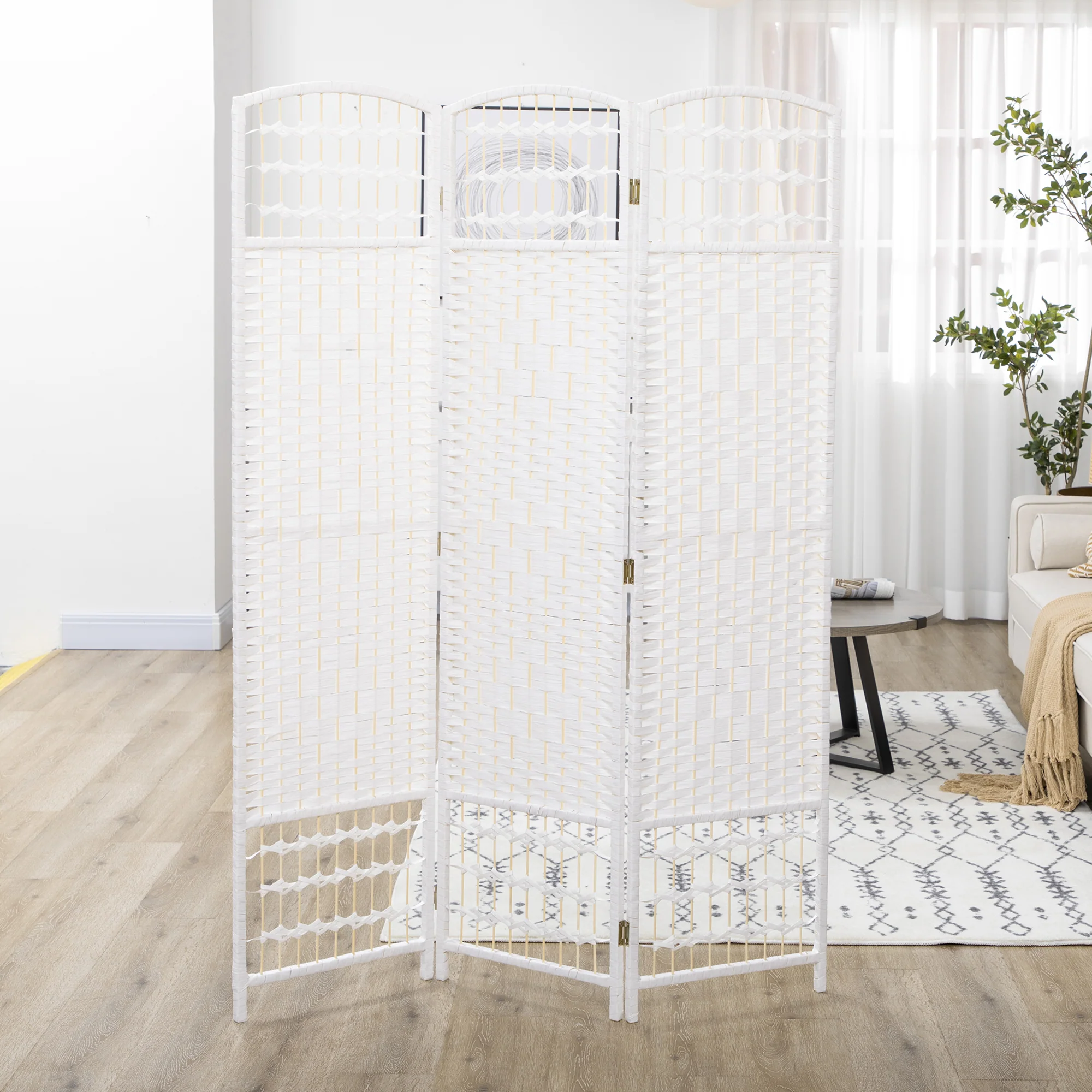 3 Panel Folding Room Divider, Portable Privacy Screen, Wave Fiber, White - Image 9