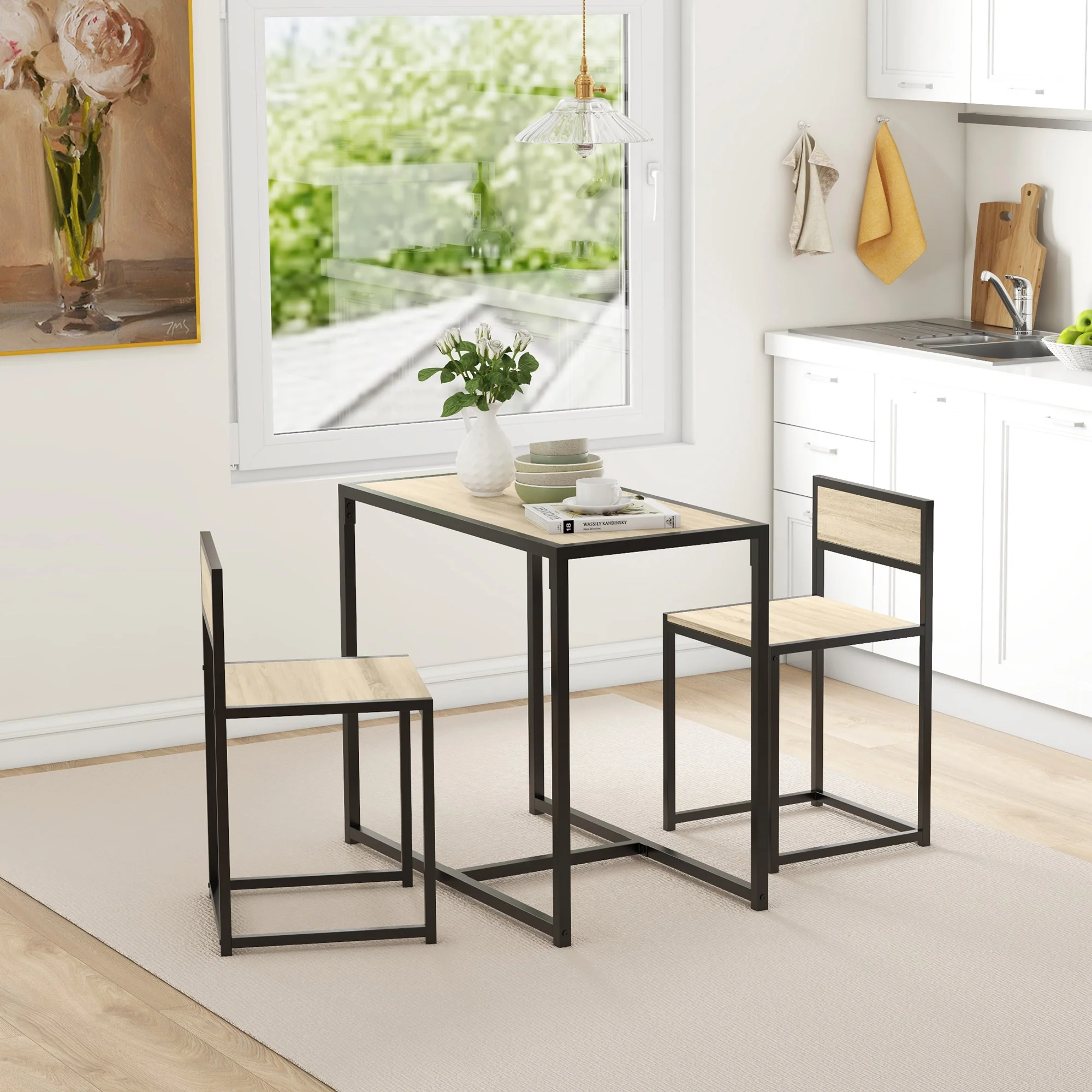 3-Piece Dining Room Set, Industrial Kitchen Rectangular Table & 2 Dining Chairs, Oak - Image 10