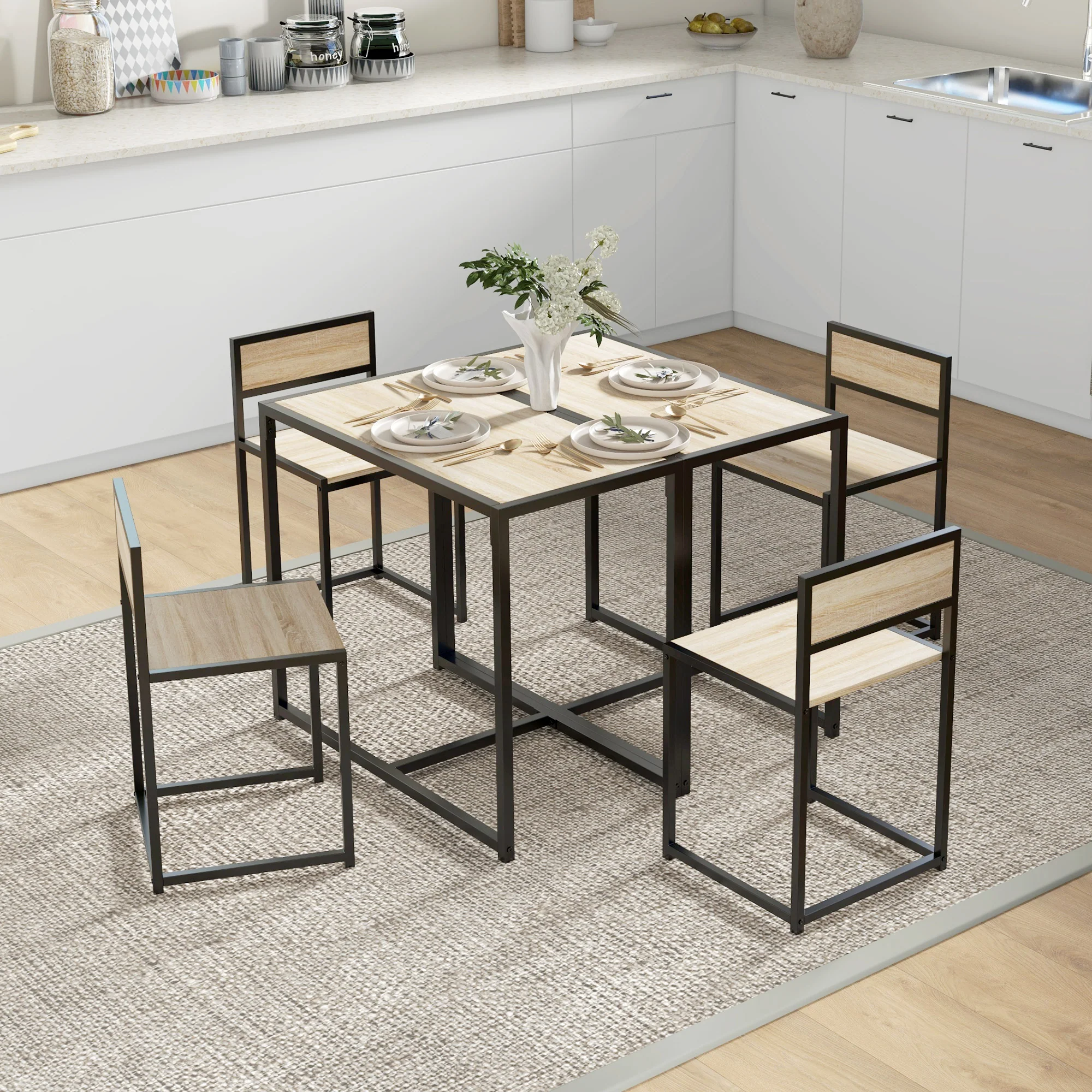3-Piece Dining Room Set, Industrial Kitchen Rectangular Table & 2 Dining Chairs, Oak - Image 11