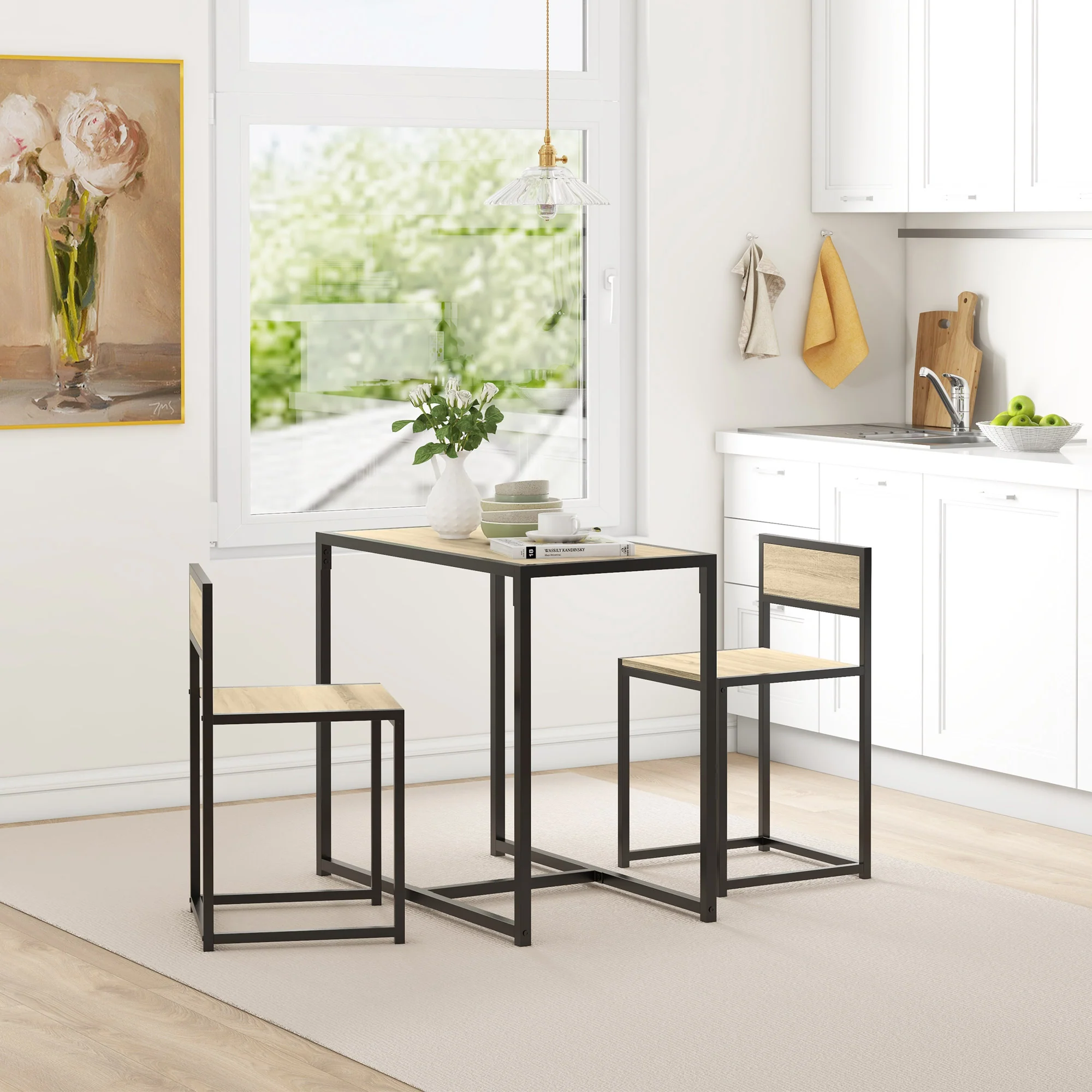 3-Piece Dining Room Set, Industrial Kitchen Rectangular Table & 2 Dining Chairs, Oak - Image 3
