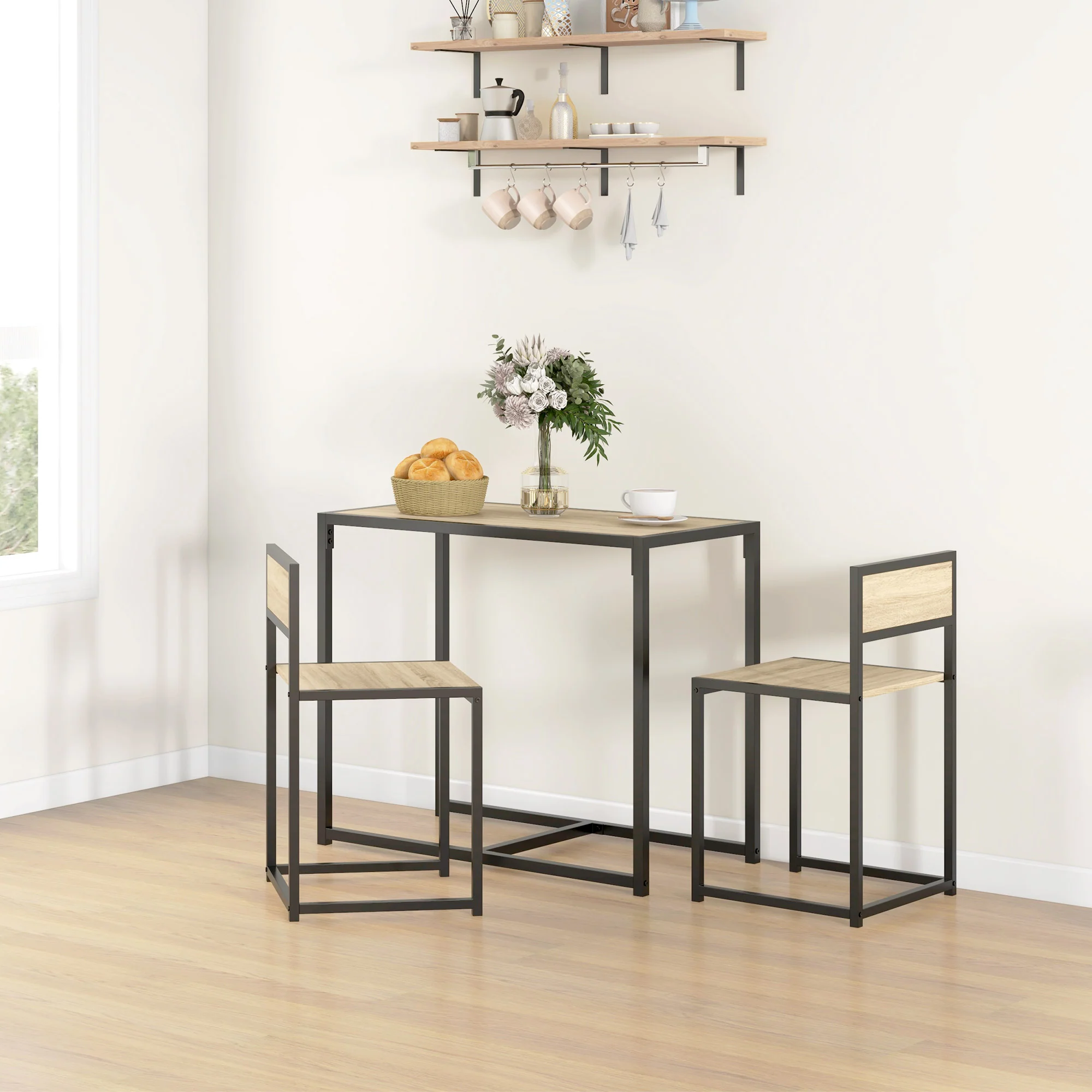 3-Piece Dining Room Set, Industrial Kitchen Rectangular Table & 2 Dining Chairs, Oak - Image 4