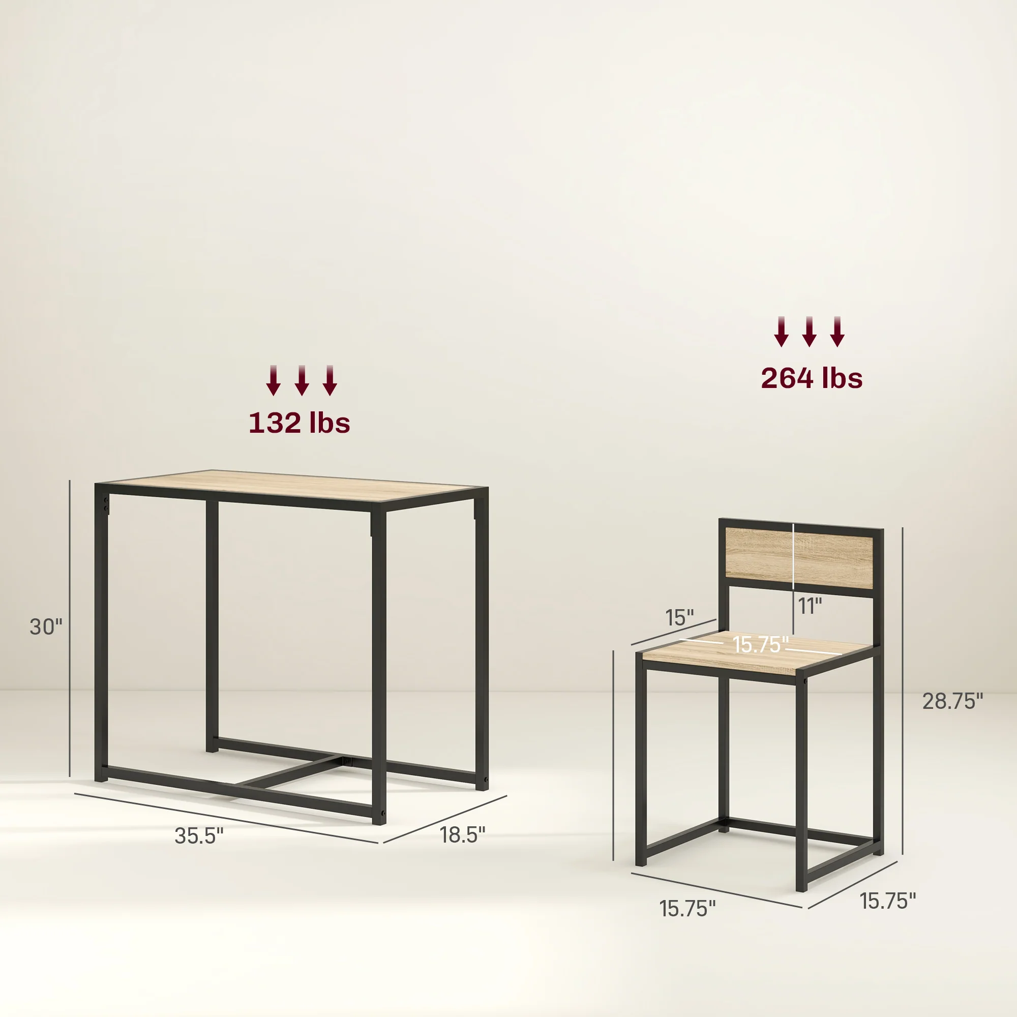 3-Piece Dining Room Set, Industrial Kitchen Rectangular Table & 2 Dining Chairs, Oak - Image 5