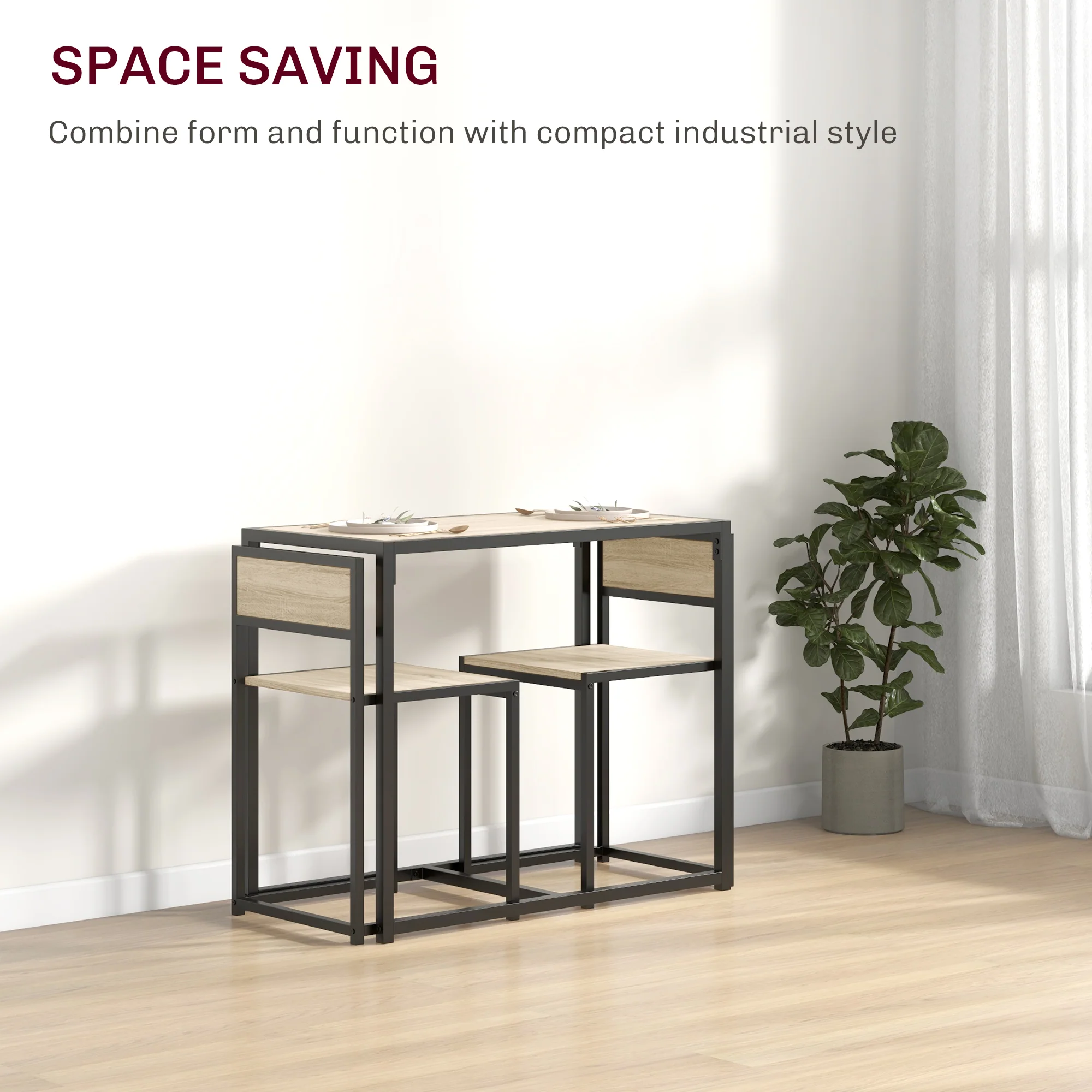 3-Piece Dining Room Set, Industrial Kitchen Rectangular Table & 2 Dining Chairs, Oak - Image 6
