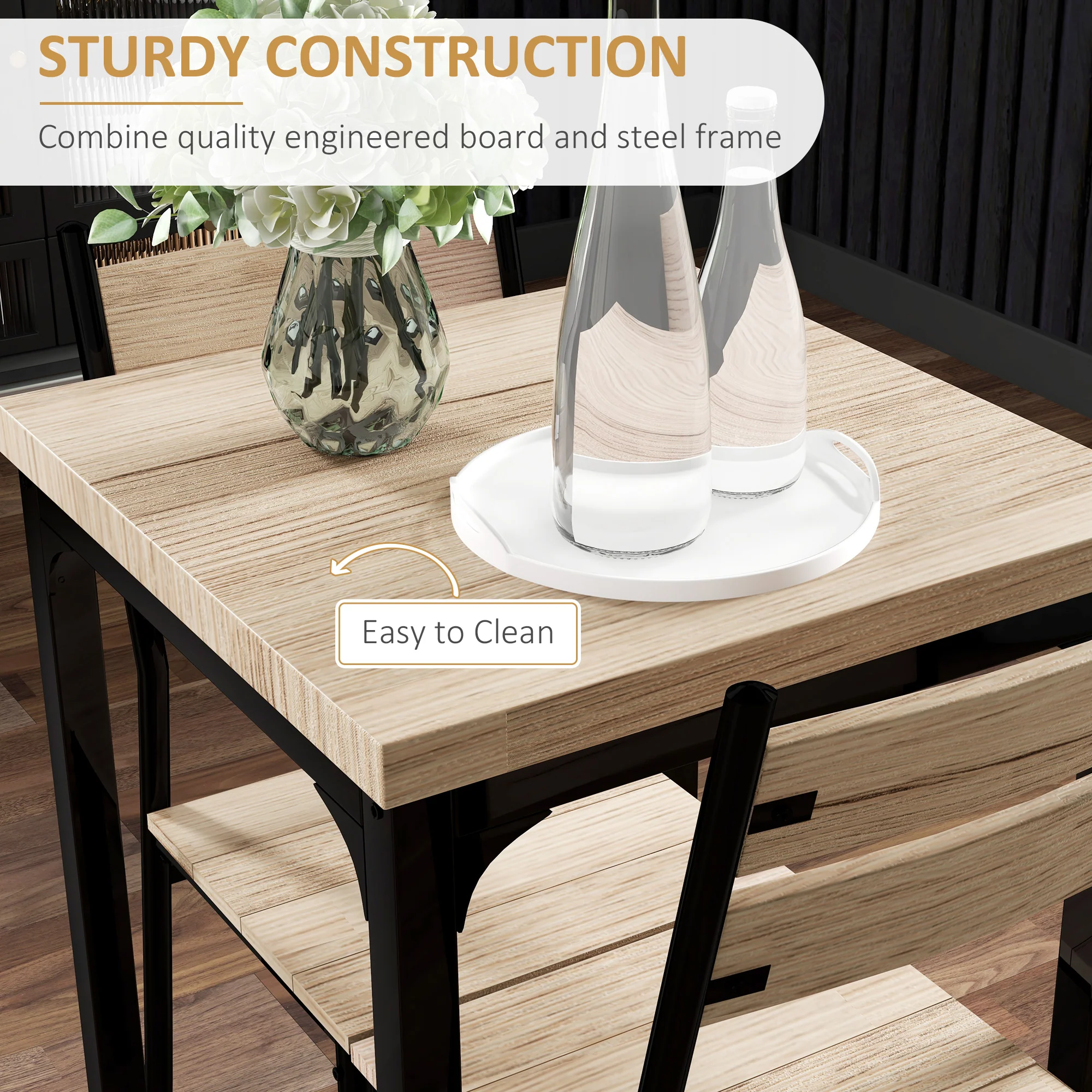 Industrial Style Modern Steel and Wood 3pc Kitchen Table Dinette Set - Image 7