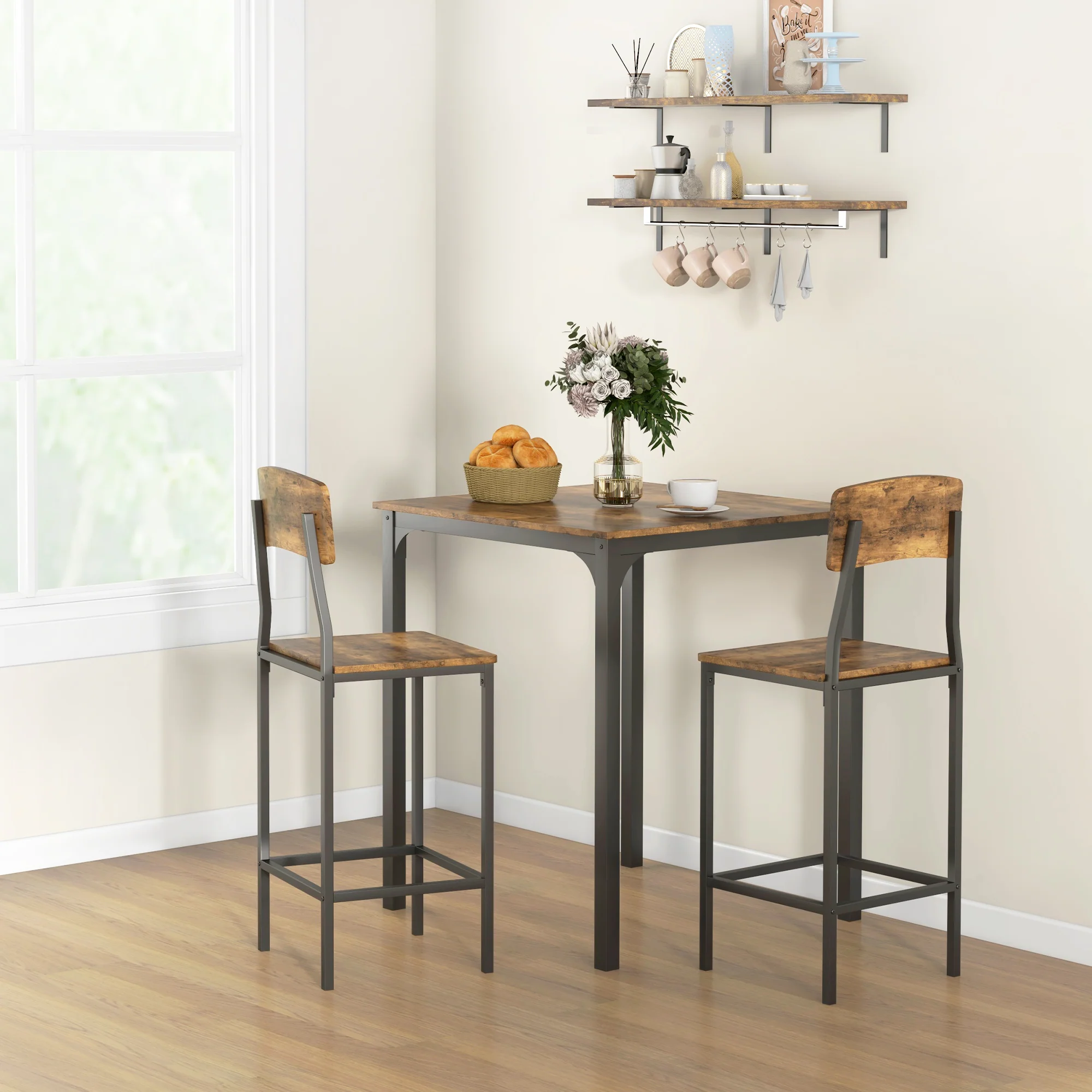 3 Piece Industrial Counter Height Dining Table Set w/ Steel Legs & Footrests, Rustic Brown - Image 3