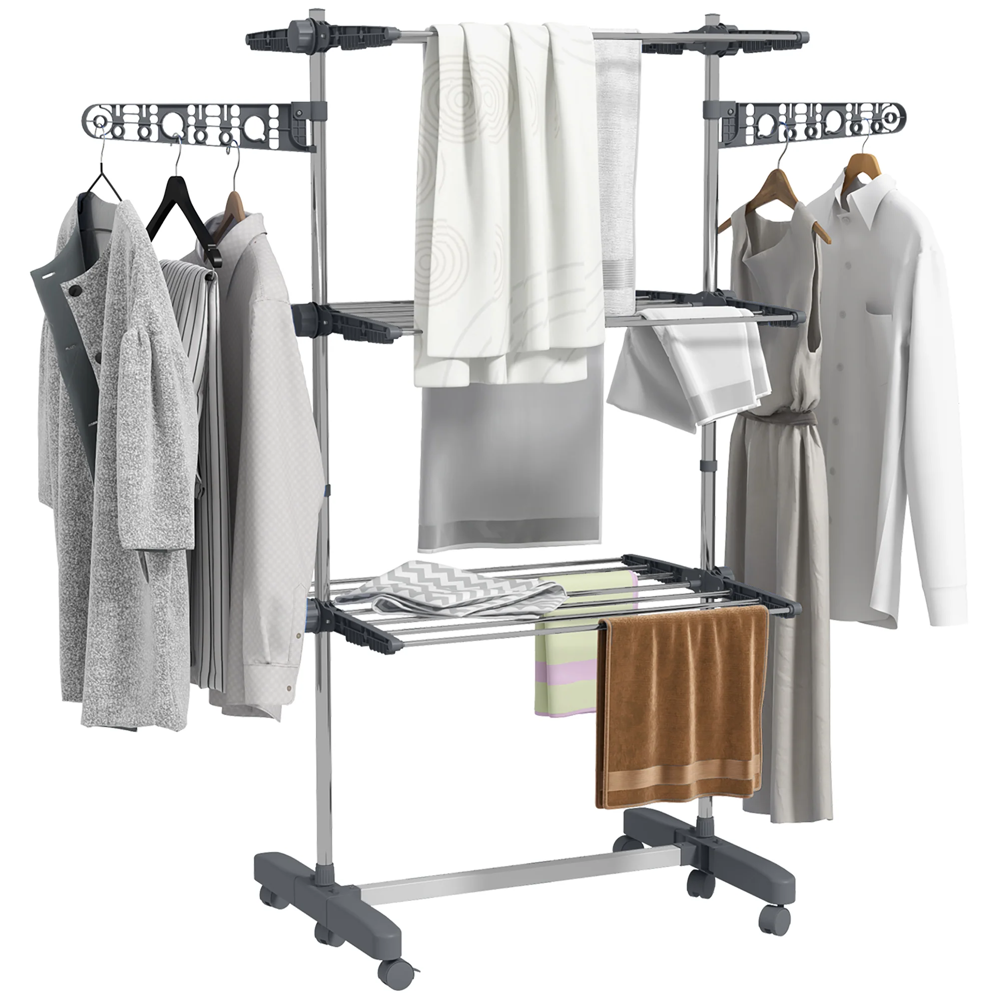3-Tier Clothes Airer, Foldable Clothes Drying Rack with Wheels & Wings, Easy Assembly, Grey