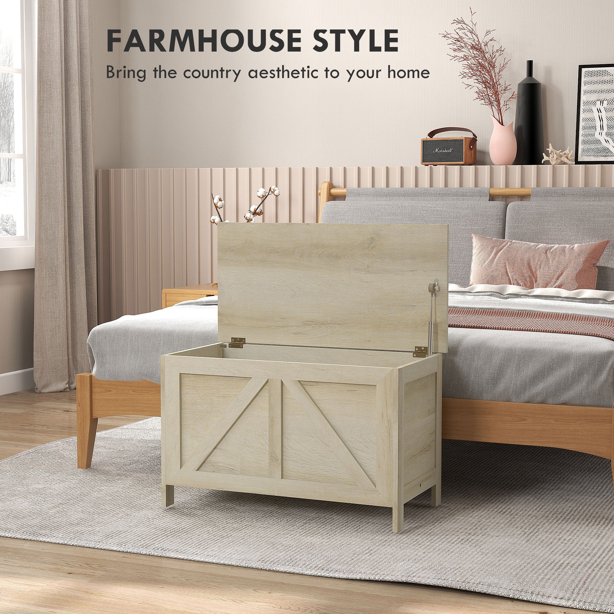 30" Farmhouse Storage Chest, Lift Top Box Organizer w/ Safety Hinge to Open Up 100°, Gray - Image 6