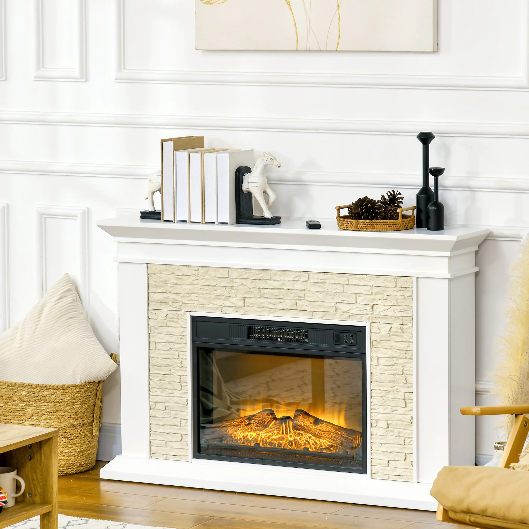 31.5" Electric Fireplace with Mantel, with Remote Control, Overheat Protection, 1400W, White - Image 3