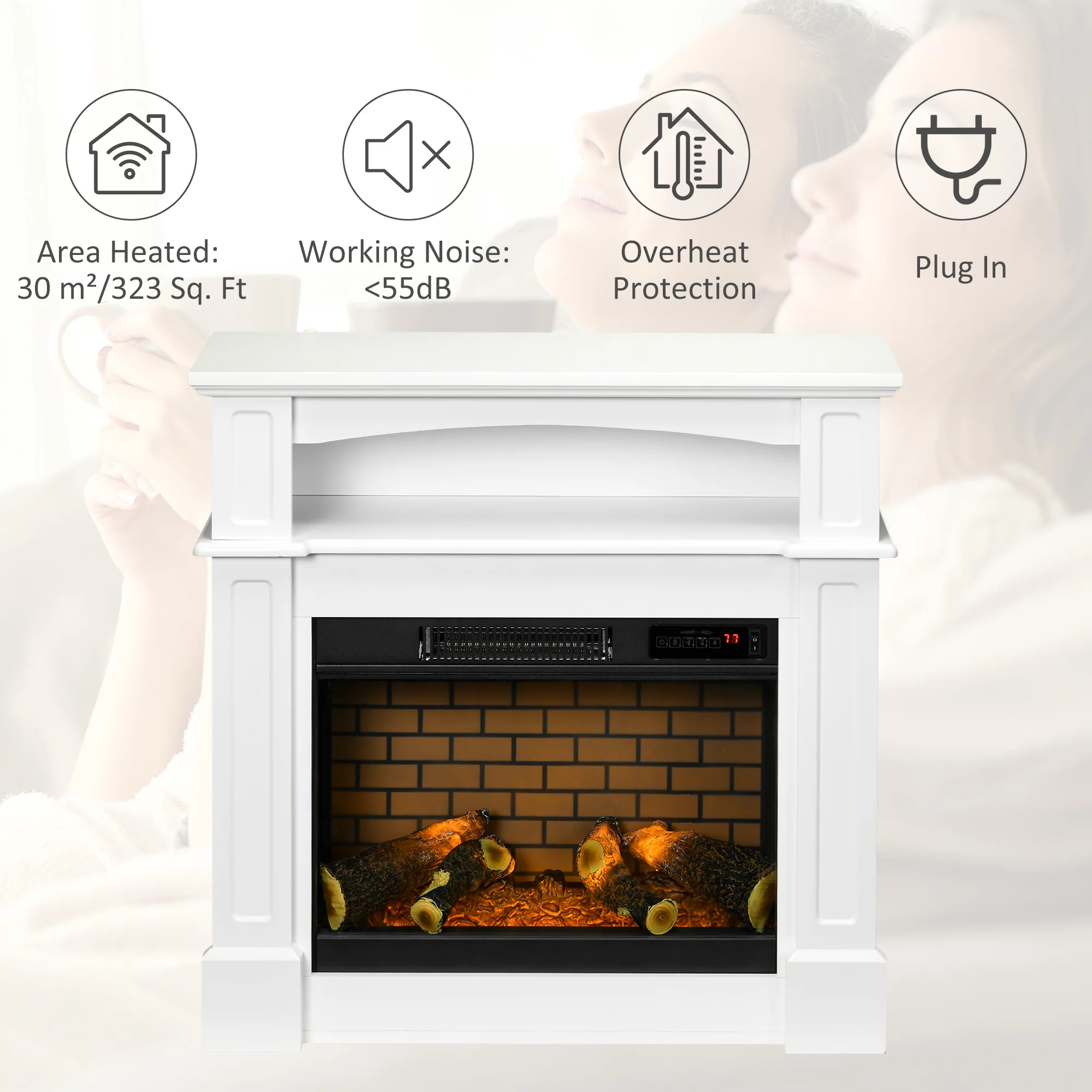 32" Electric Fireplace Heater with Mantel, Log Hearth and Remote Control, 700W/1400W, White - Image 10