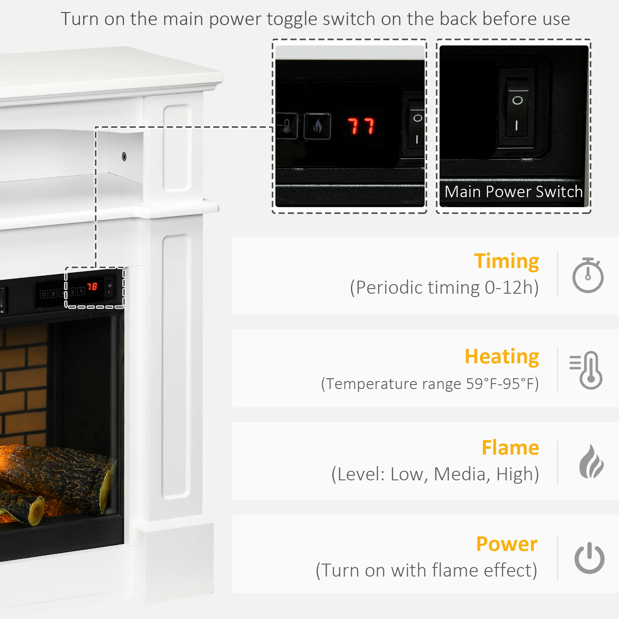 32" Electric Fireplace Heater with Mantel, Log Hearth and Remote Control, 700W/1400W, White - Image 7
