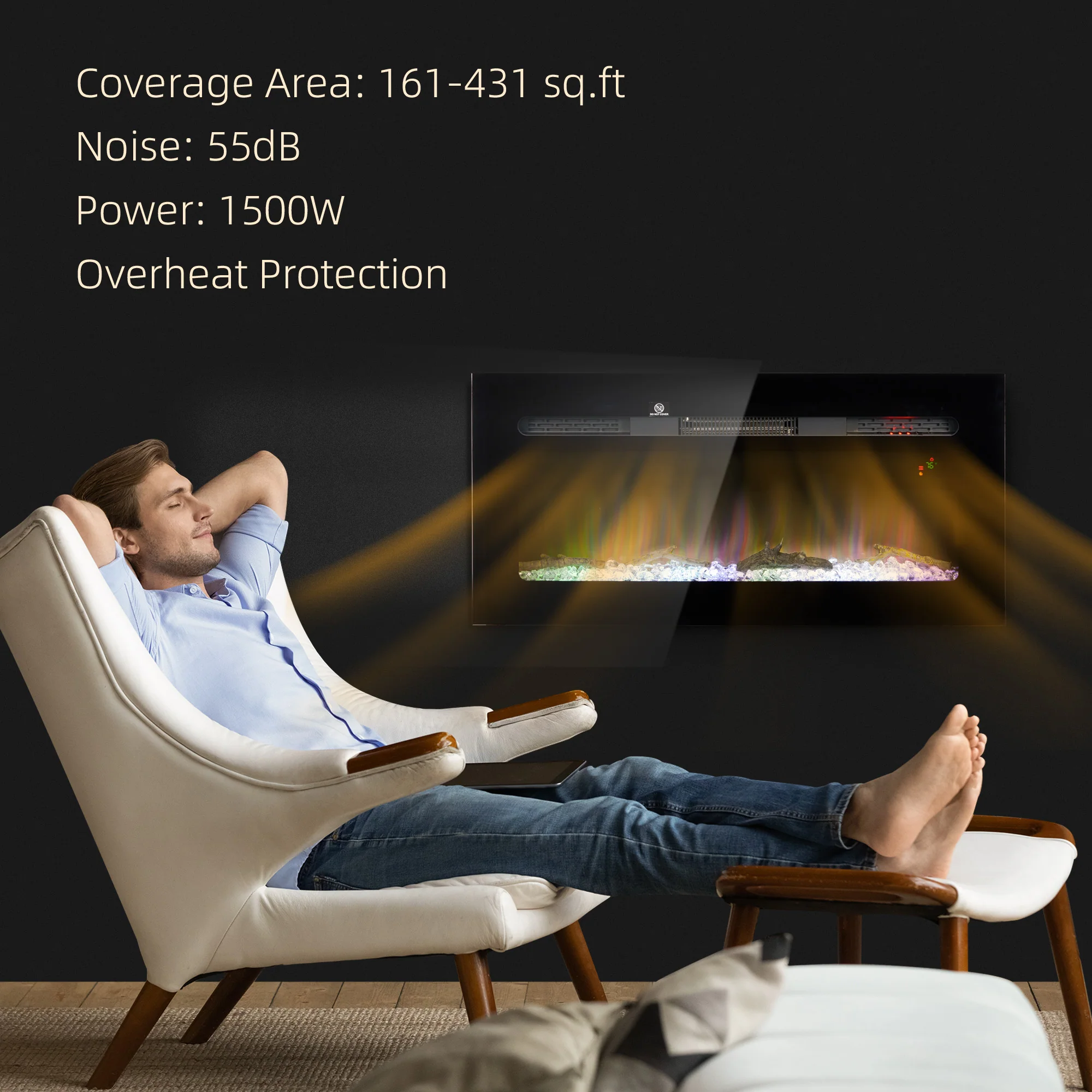 36" Electric Fireplace Heater with Remote Control, Adjustable Flame & Brightness, Black - Image 8