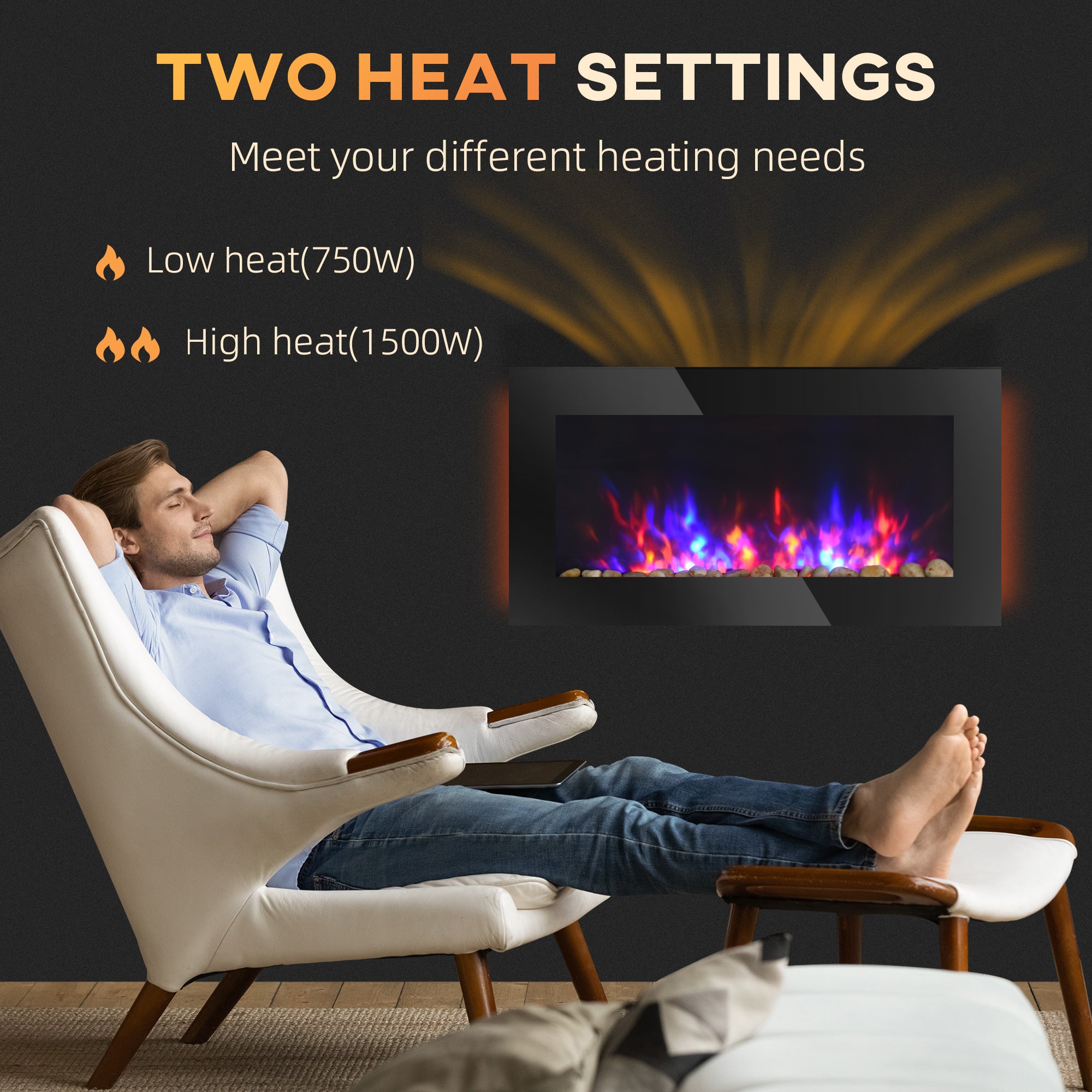 36" Wall Mounted Electric Fireplace with 7 Color Light, LED Flame Effect 750W/1500W, Black - Image 6