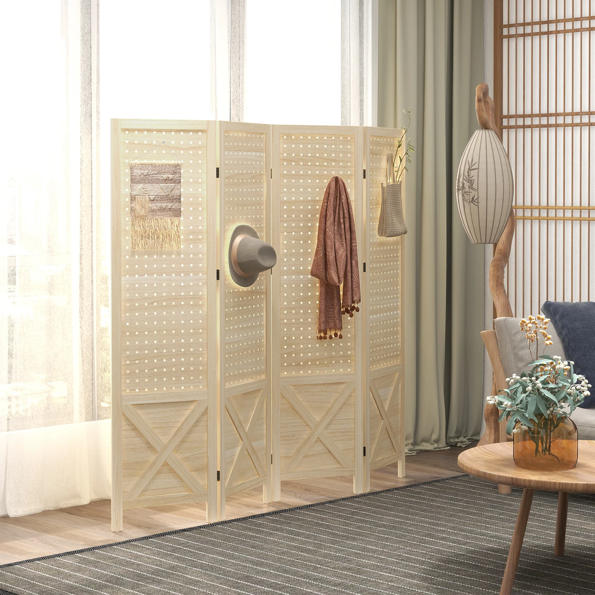 4 Panel Pegboard Display Room Divider, 4.7' Tall Wood Privacy Screen, Natural - Image 11