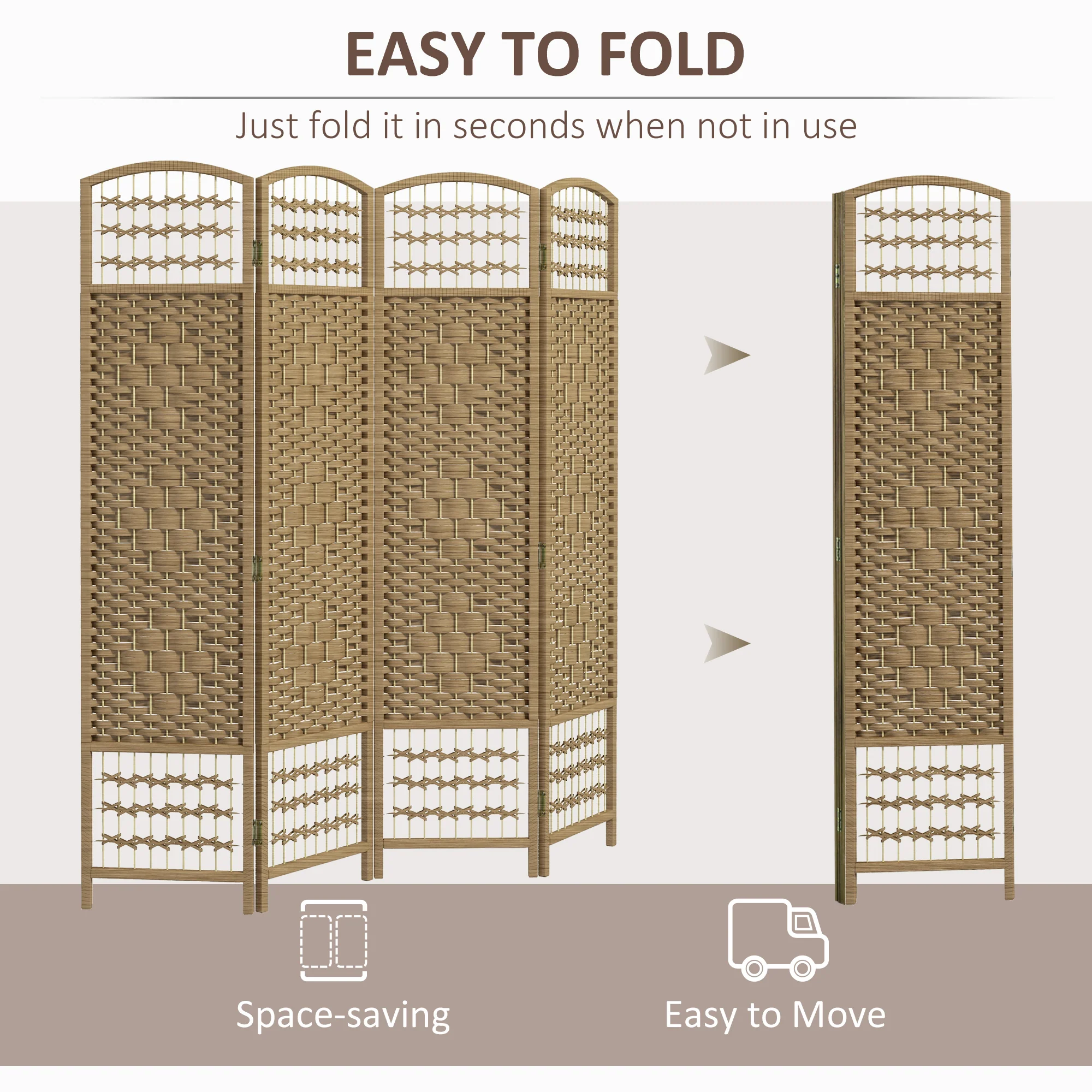 4 Panel Folding Room Divider, Portable Privacy Screen, Wave Fiber, Natural - Image 6