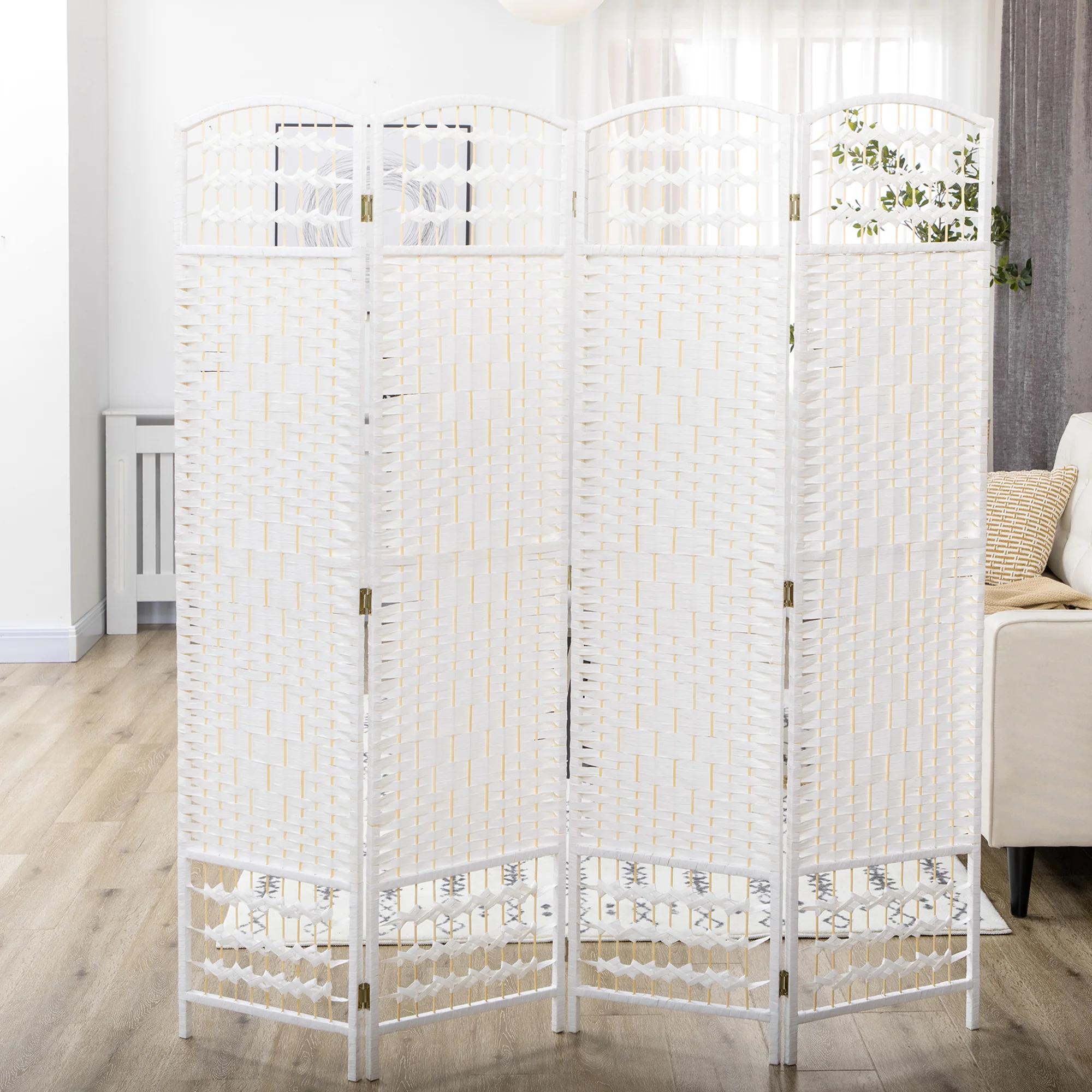 4 Panel Folding Room Divider, Portable Privacy Screen, Wave Fiber, White - Image 9